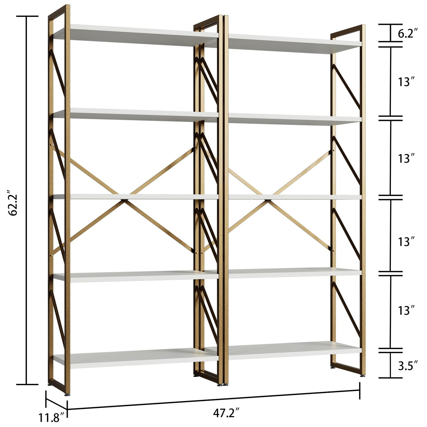 Shintenchi 2 Pieces 5 Tiers Bookshelf, Classically Tall Bookcase Shelf, Industrial Book Rack, Modern Book Holder in Bedroom/Living Room/Home/Office, Storage Rack Shelves for Books/Movies-Gold