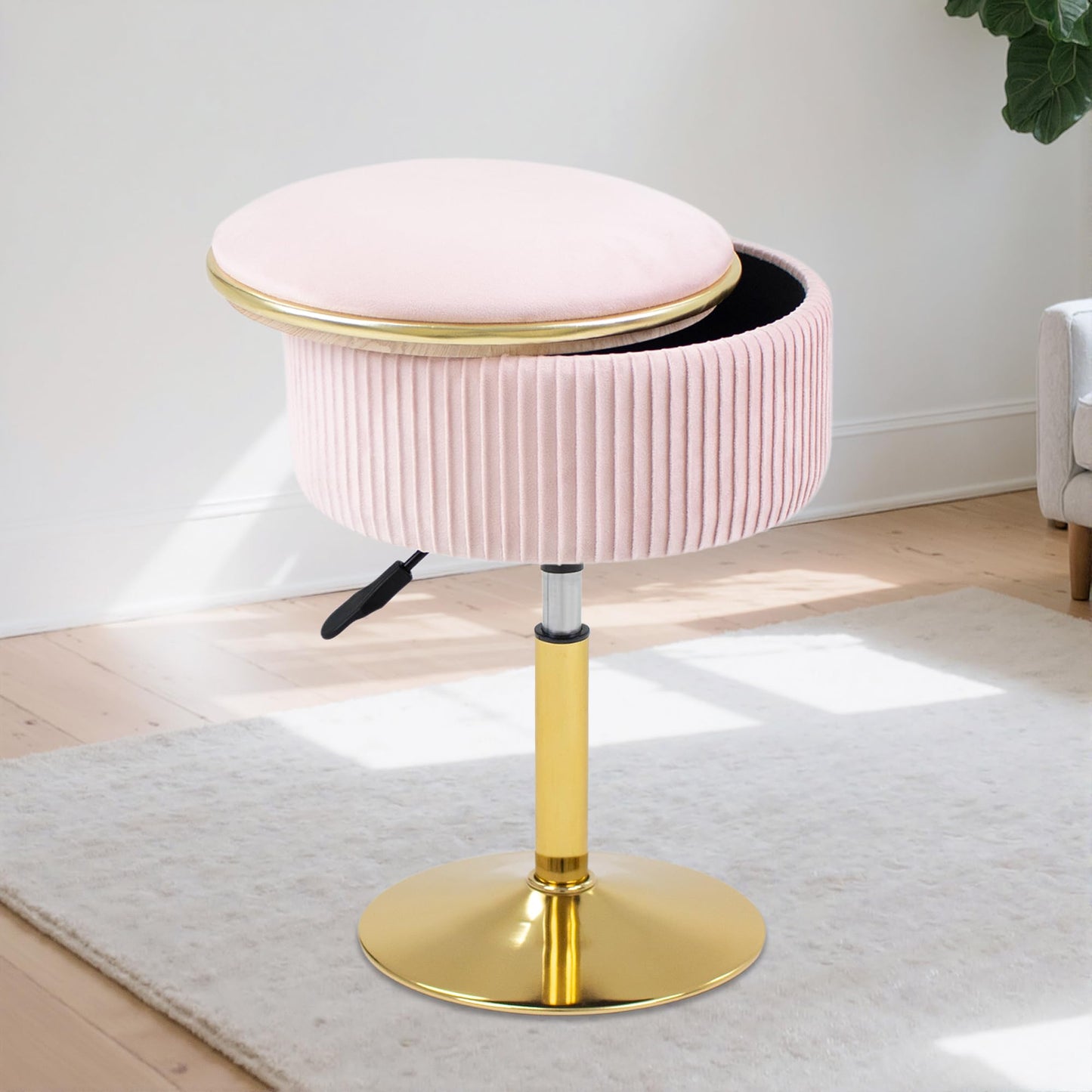 MRITWAII Adjustable Vanity Stool with Storage, 360° Swivel Makeup Stool Chair Small Velvet Round Ottoman with Gold Base for Bedroom, Pink