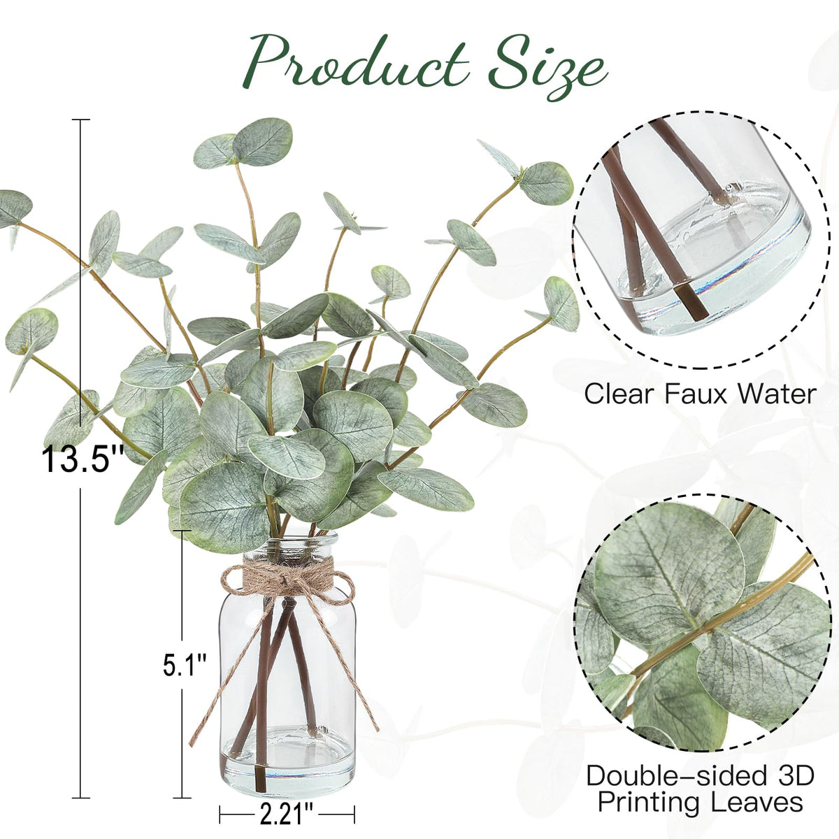 Bessol Artificial Eucalyptus Stems in Glass Vase with Faux Water, 13.5" Fake Plants for Home Decor, Coffee Table Centerpieces, Office, Bathroom & Farmhouse Weddings - Faux Greenery Plants Decorations
