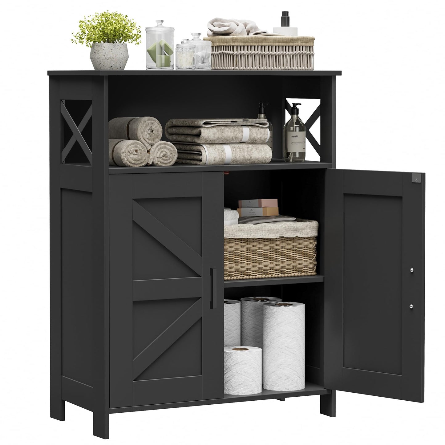 Homhedy Farmhouse Bathroom Storage Cabinet with 2 Doors, Toilet Paper Cabinet with Adjustable Shelf, Small Bathroom Cabinet for Kitchen/Laundry/Living Room, 11.8 x 23.6 x 31.5 Inches, Black