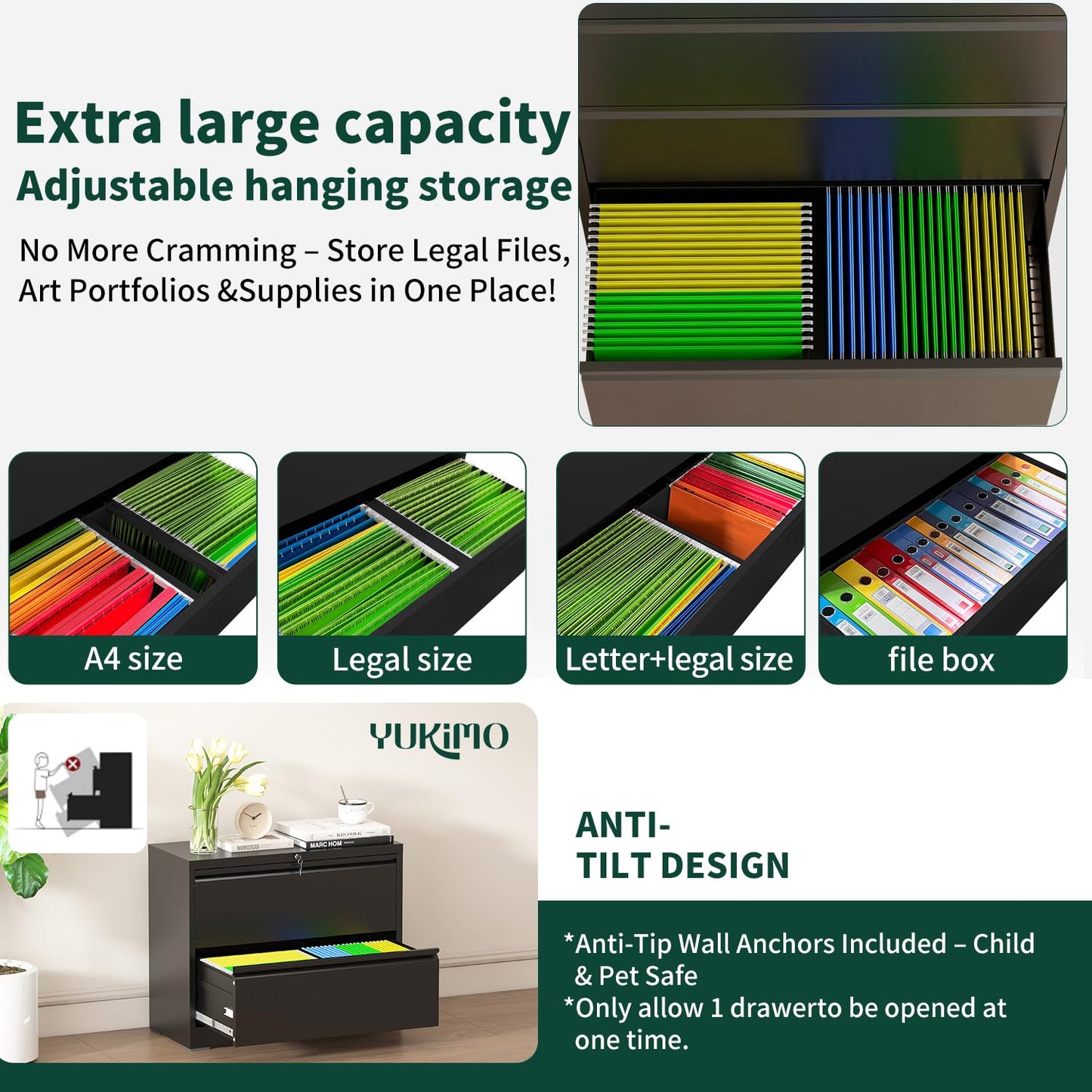2 Drawer Lateral File Cabinet with Lock, 26.7"W File Cabinets for Home Office, Office Furniture for Organization Hanging Legal/Letter/A4, Metal Filing Cabinet Storage Cabinet, Require Assembly, Black