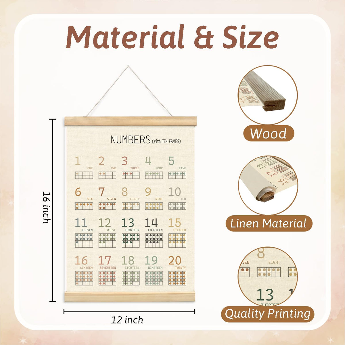 Lacama 1-20 Number Chart Wooden Poster Hanger,Educational Charts & Posters Hanger Frame - Homeschool Supplies，Kids Learning Educational Gift for Toddler Ages 2 3 4 5,12x16 Inches