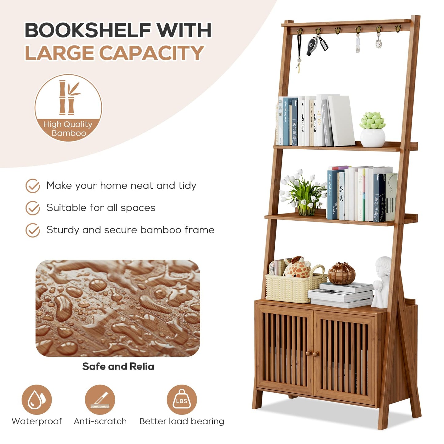 Bookcase with Drawers, 4-Tier Bamboo Bookshelf Ladder Shelf with 6 Hooks, Tall Narrow Retro Book Shelf, 24.8"L x 10.6"W x 59.5"H, Standing Storage Organizer for Living Room, Office, Bedroom, Walnut