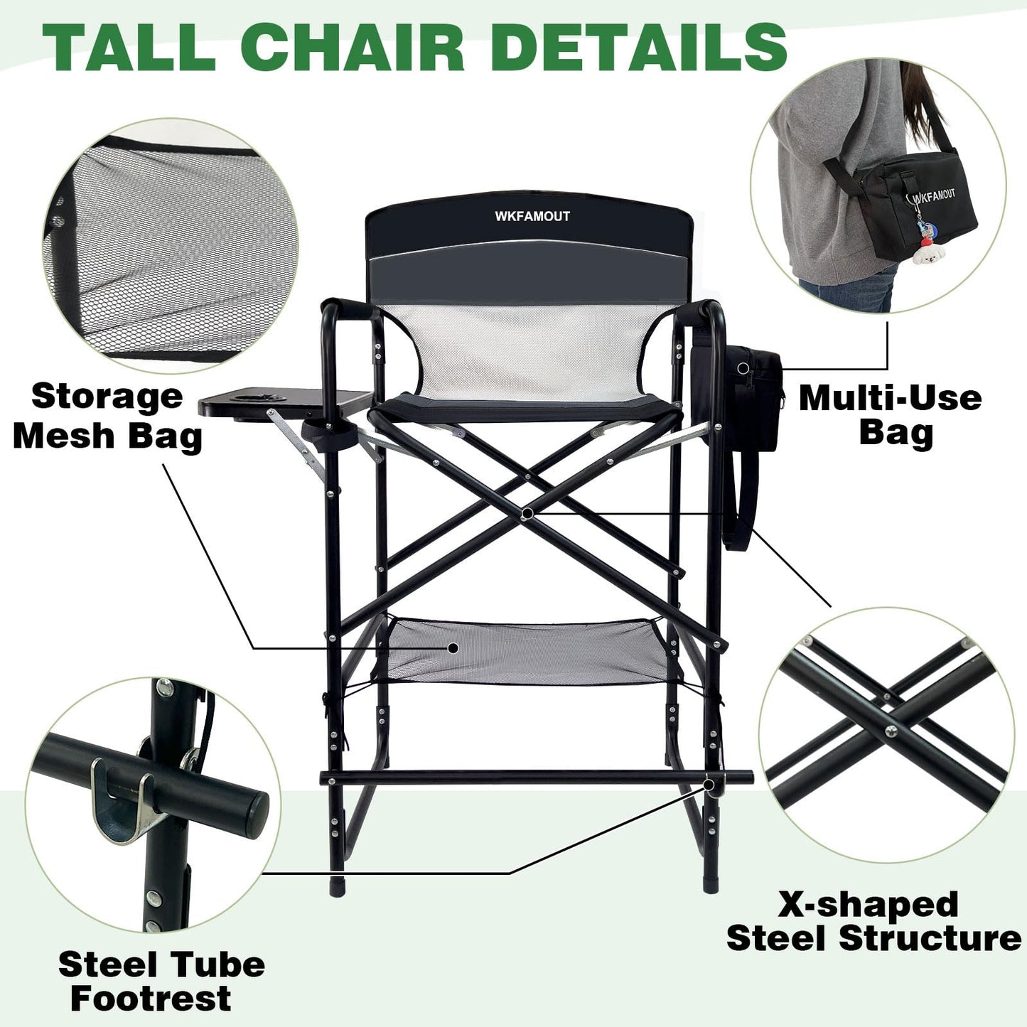 WKFAMOUT Tall Folding Director Chair 30.7" Seat Height Foldable Bar Stool for Makeup Artist Face Painting with Side Table Carry Bag and Cosmetic Bag Supports 250LBS