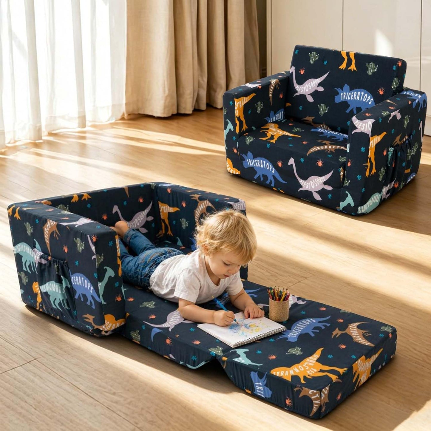 Beavtaens Kids Couch, 2-in-1 Kids Fold Out Couch, Convertible Kid Sofa to Lounger for Girls and Boys, Soft Toddler Chairs Comfy 1-3 Years Old (Dinosaur)
