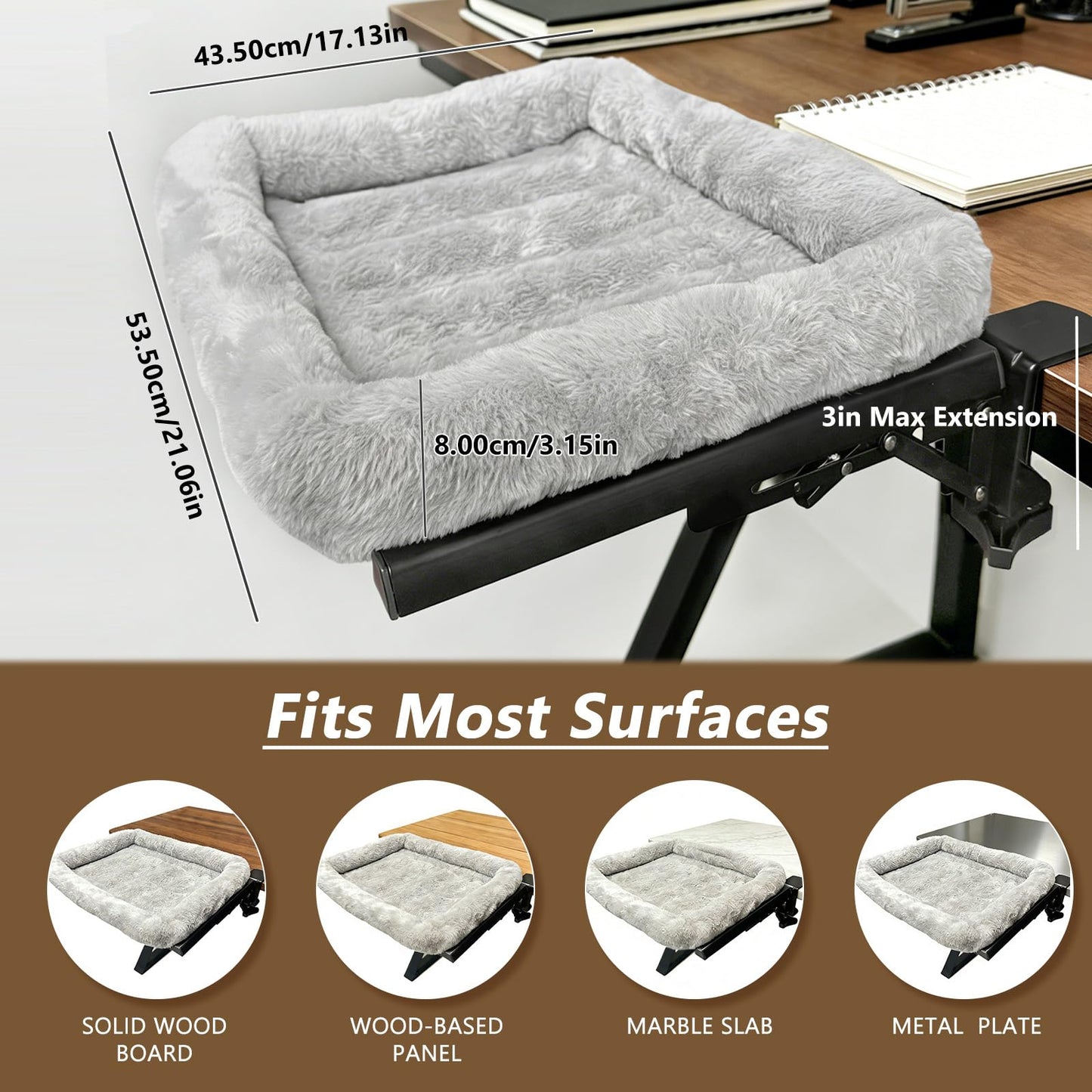 GREENSINDOOR Cat Desk Bed - One-Click Folding,Heavy Duty Cat Hammock Perch for Desk Holds up to 40 lbs, Soft Faux Rabbit Fur Material, Suitable for Various Desktops-Removable & Washable,21"x17", Gray