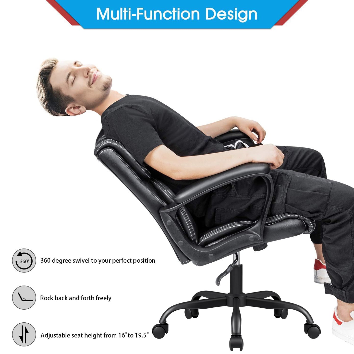 Furmax Mid Back Executive Office Chair Swivel Computer Task Chair with Armrests,Ergonomic Leather-Padded Desk Chair with Lumbar Support