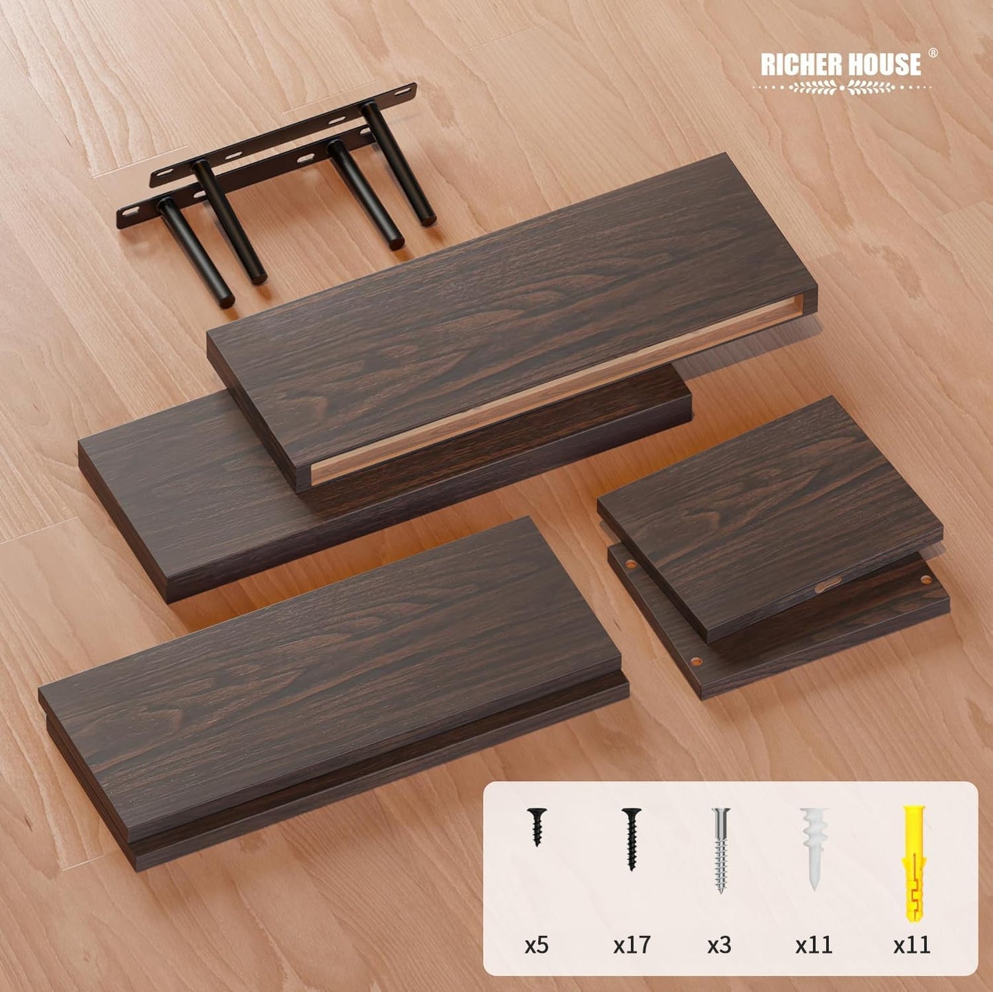 RICHER HOUSE Floating Shelves Set of 3, Modern Bathroom Shelves Wall Mounted Shelves with Invisible Brackets Over Toilet, Rustic Wall Shelves for Bathroom Bedroom, Living Room, Kitchen - Walnut