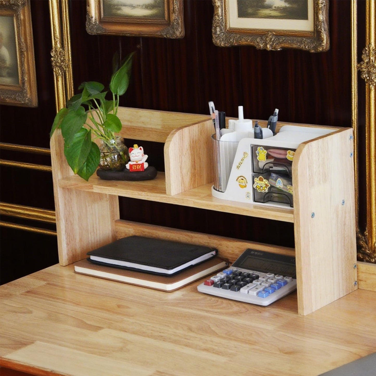 BuyUp Writing Desk Mid Century Modern and 2 Desktop Hutch for Home & Office & Dorm, Natural