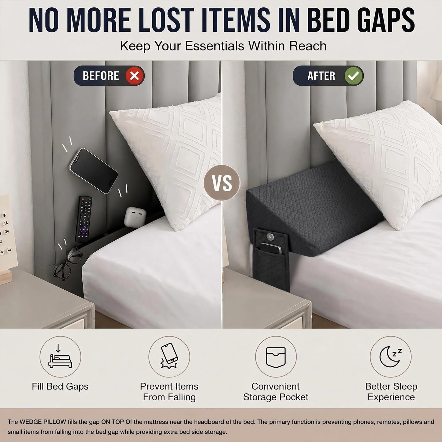 Twin Bed Wedge Pillow for Headboard Gap Filler Pillow Plus (0-8") Mattress Wedge Gap Filler Twin Between Wall and Mattress,for College Dorm,Sleeping Backrest Headboard Pillow Dark Grey Bedroom Decor