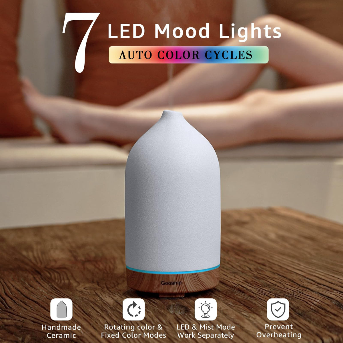 Gooamp 200ML Ceramic Essential Oil Diffuser (Set of 2) - Ultrasonic Aromatherapy & Humidifier with 7-Color LED Lights, Auto Shut-Off, Wood Grain Base, 1H/3H/6H Timer | Scent for Home, Office, Yoga