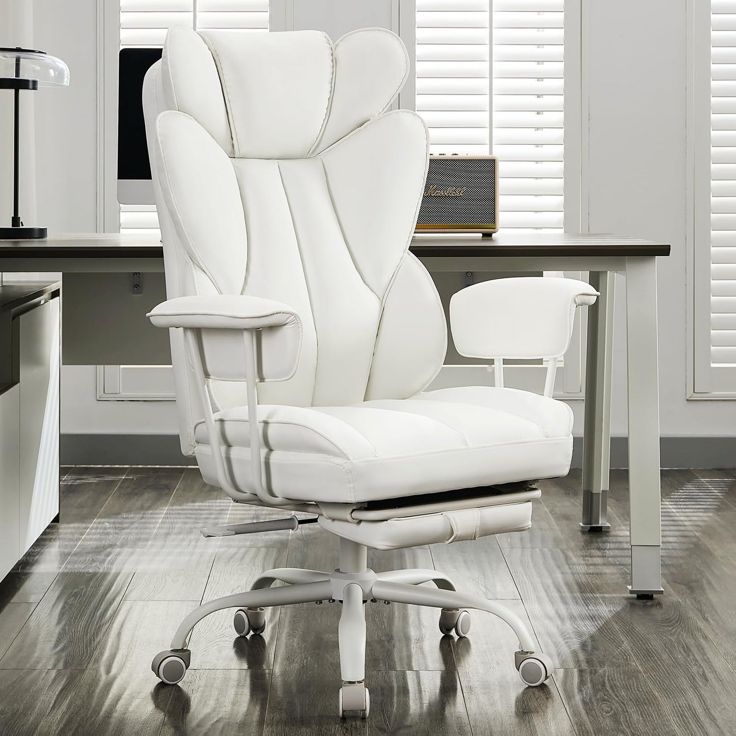 LukkDys Big and Tall Office Chair,High Back Leather Gaming Chair with Footrest,Lumbar Support,Outward Fixed Soft Armrests,Wide Ergonomic Desk Chair (White)