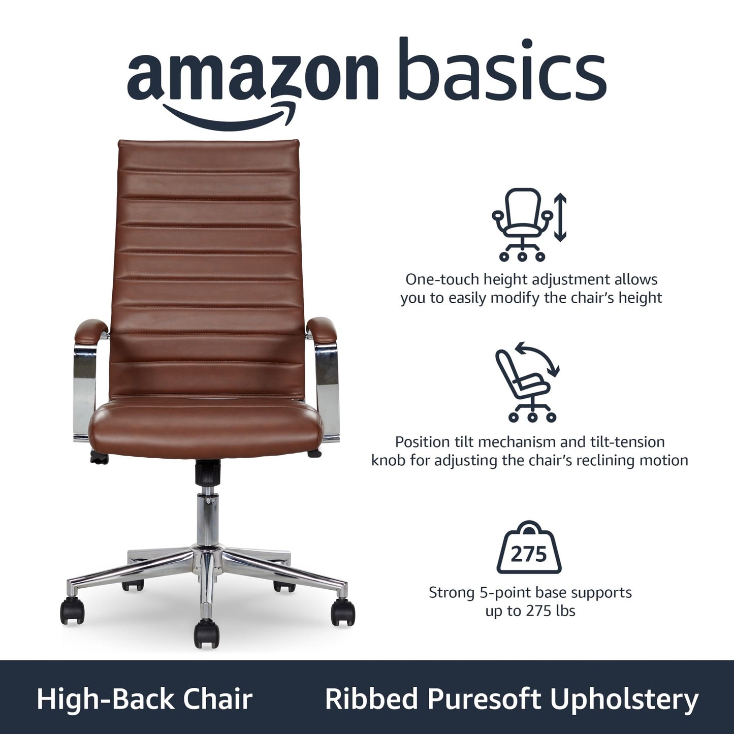 Amazon Basics High-Back Swivel Office Chair with Lumbar Support, Ergonomic Ribbed Faux Leather, Adjustable Height, 24.75"D x 23.25"W x 45.25"H, Brick Red