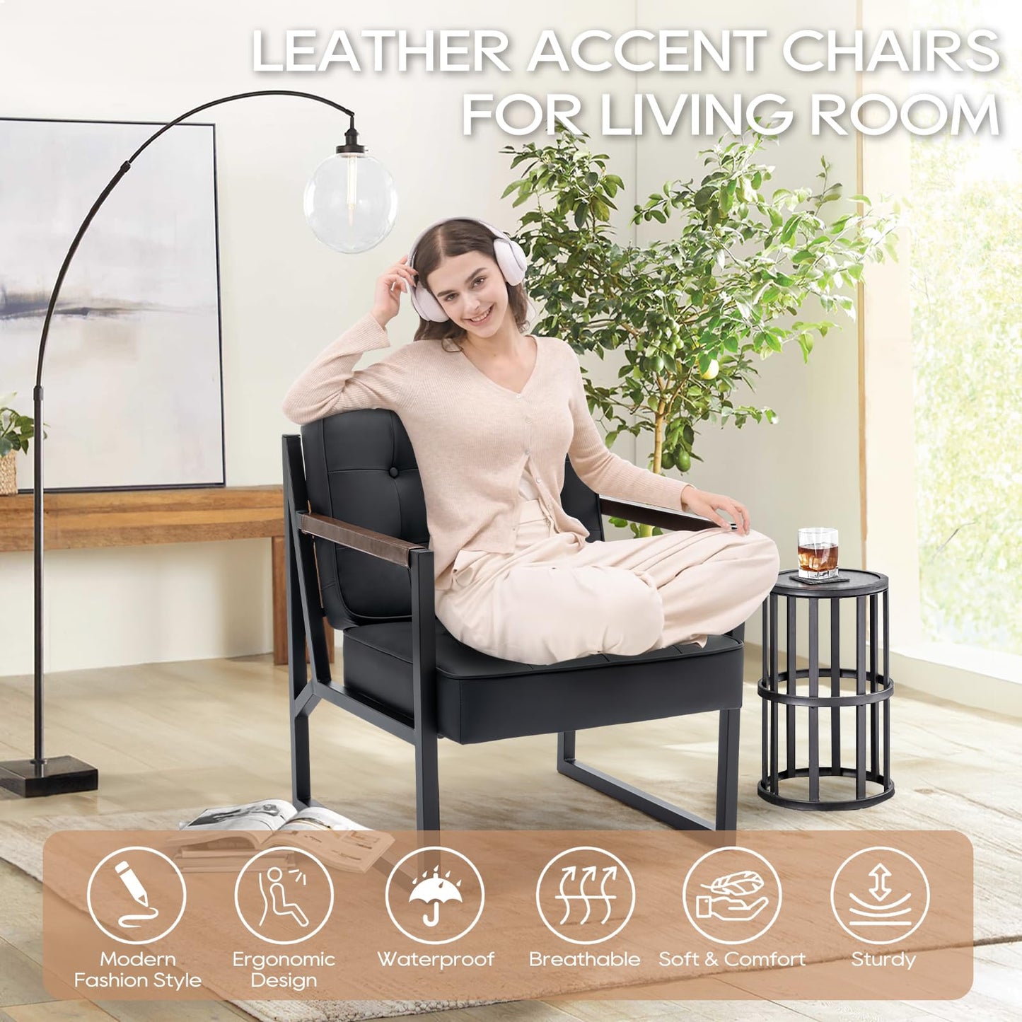 COLAMY Mid Century Modern Accent Chair Set of 2, Comfy Living Room Chair, Brown Leather Accent Chair, Faux Leather Reception Armchair with Metal Legs for Living Room Bedroom Reception Office, Brown
