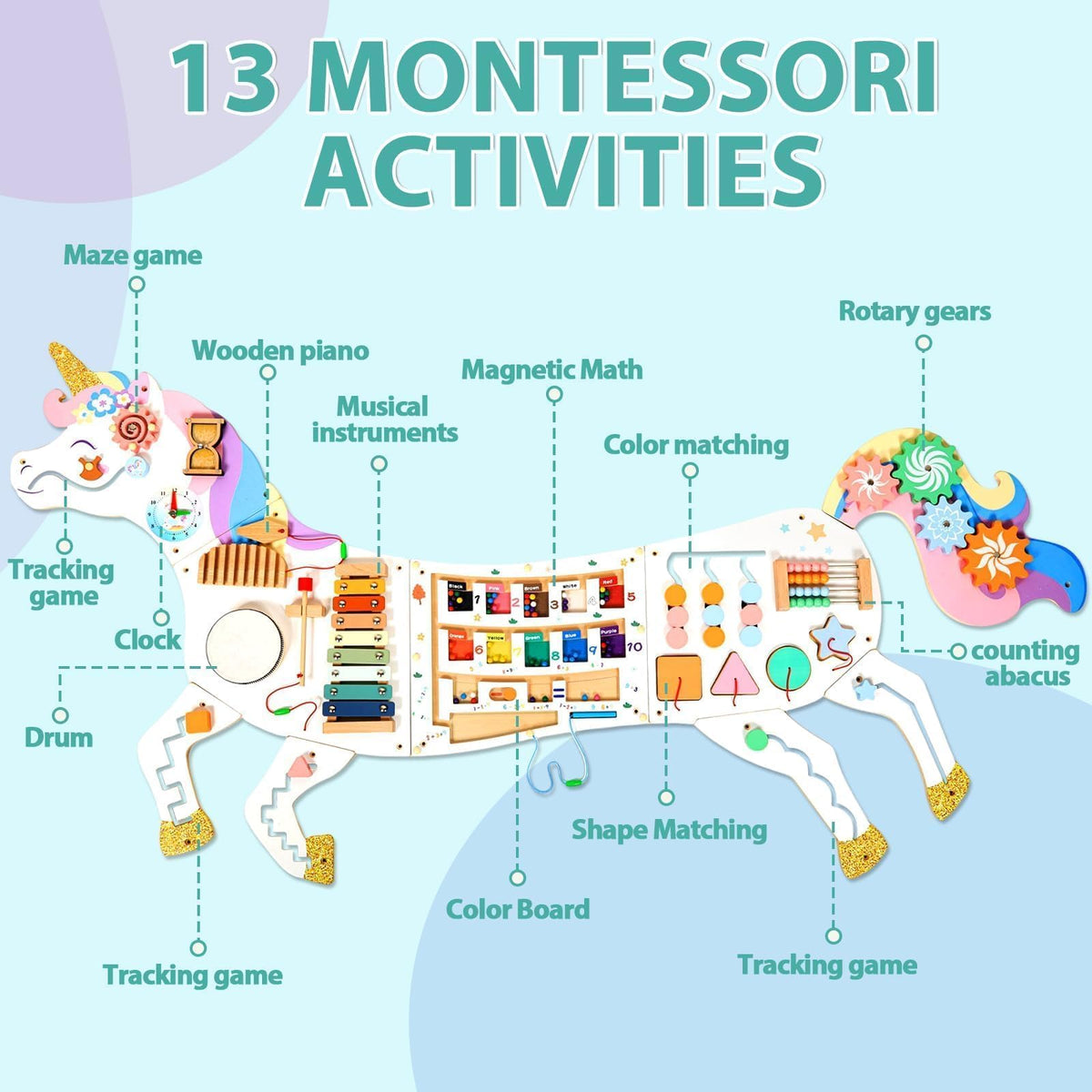 5FT Large Unicorn Activity Wall Busy Board Panels Wooden Learning Activity Center Montessori Sensory Wall Panel for Kids Interactive Educational Toy for Playroom Daycare Nursery Classroom Decor Gift