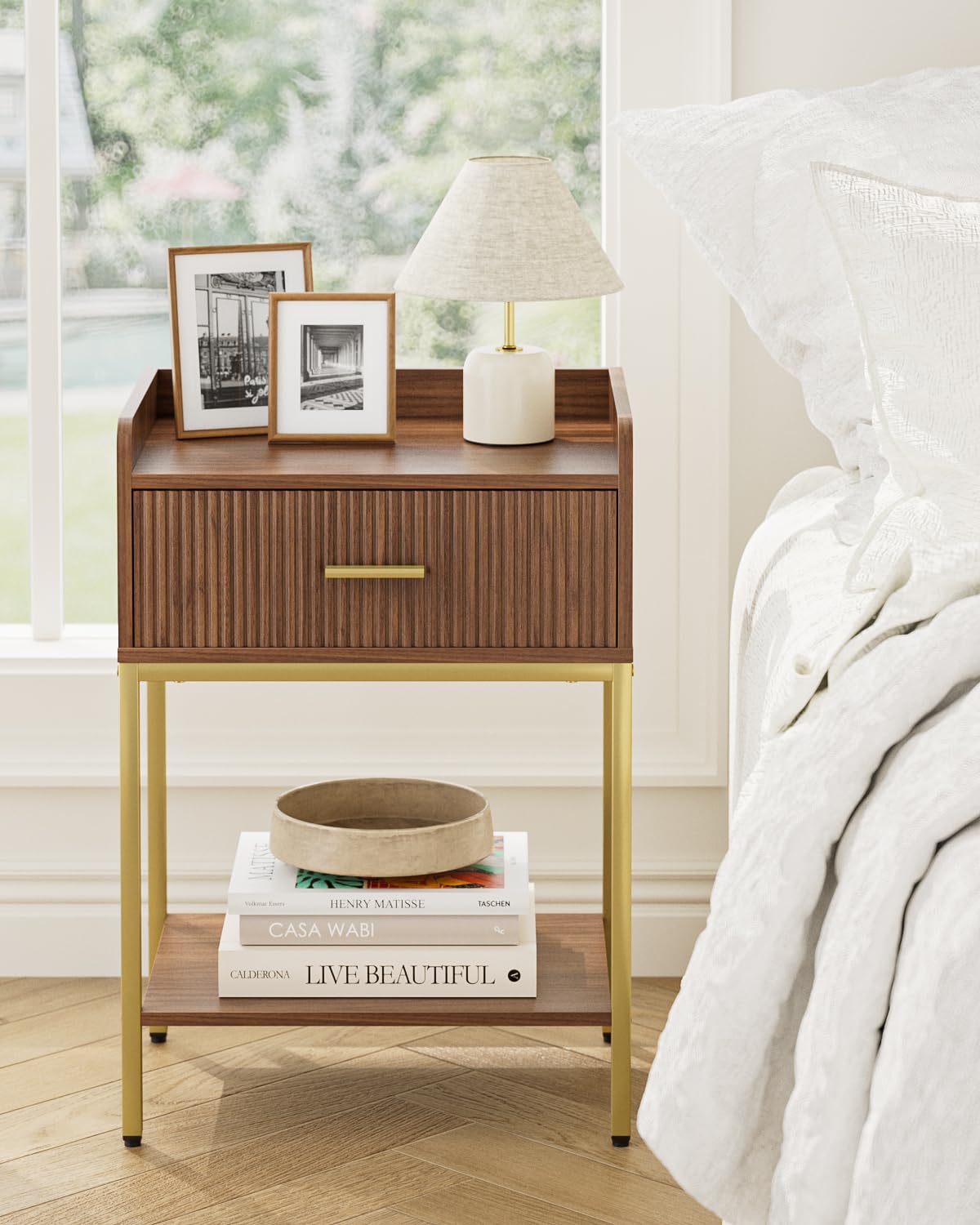 Apetaccat Nightstand, 3-Tier Bed Side Table, Small End Table, Night Stand with Open Shelf and Drawer, Bedside Table for Bedroom, Living Room, Walnut