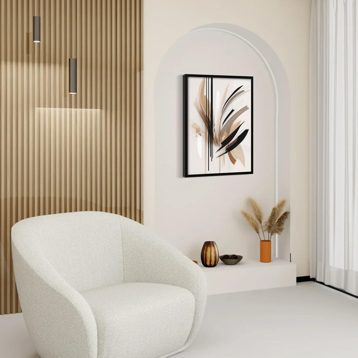 Framed Feather Lines Abstract Canvas Wall Art Print Modern Minimalist Poster Picture Living Room Bedroom Office Gallery Decor Living Room Bedroom Office Apartment 12X16 Inch Ready to Hang