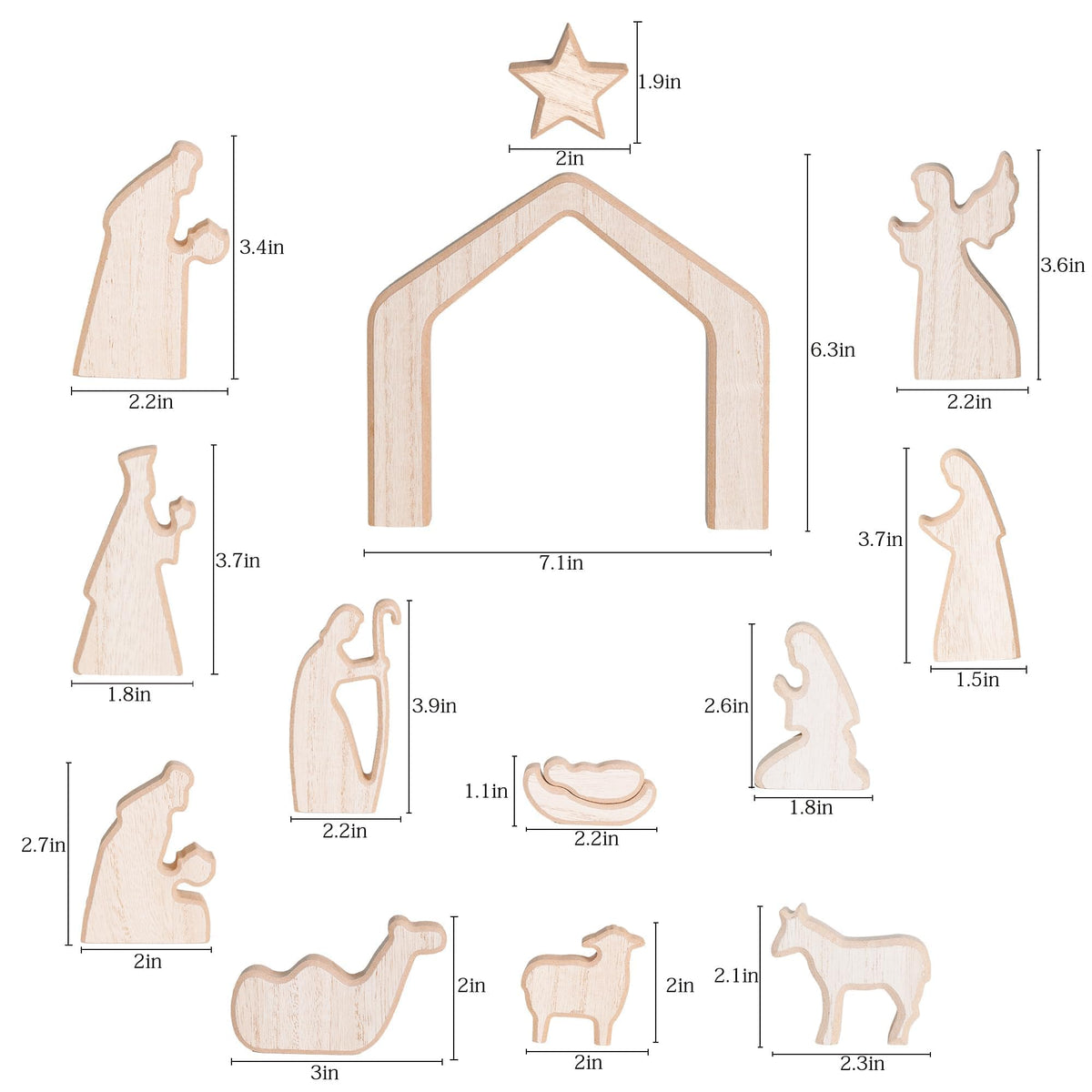 NEROSUN Nativity Scene Set, 13Pcs Wooden Christmas Nativity Scene Miniature Holy Family Figurines, Minimalism Boho Tabletop Christmas Manger Decorations for Christan Indoor Home Mantel Display