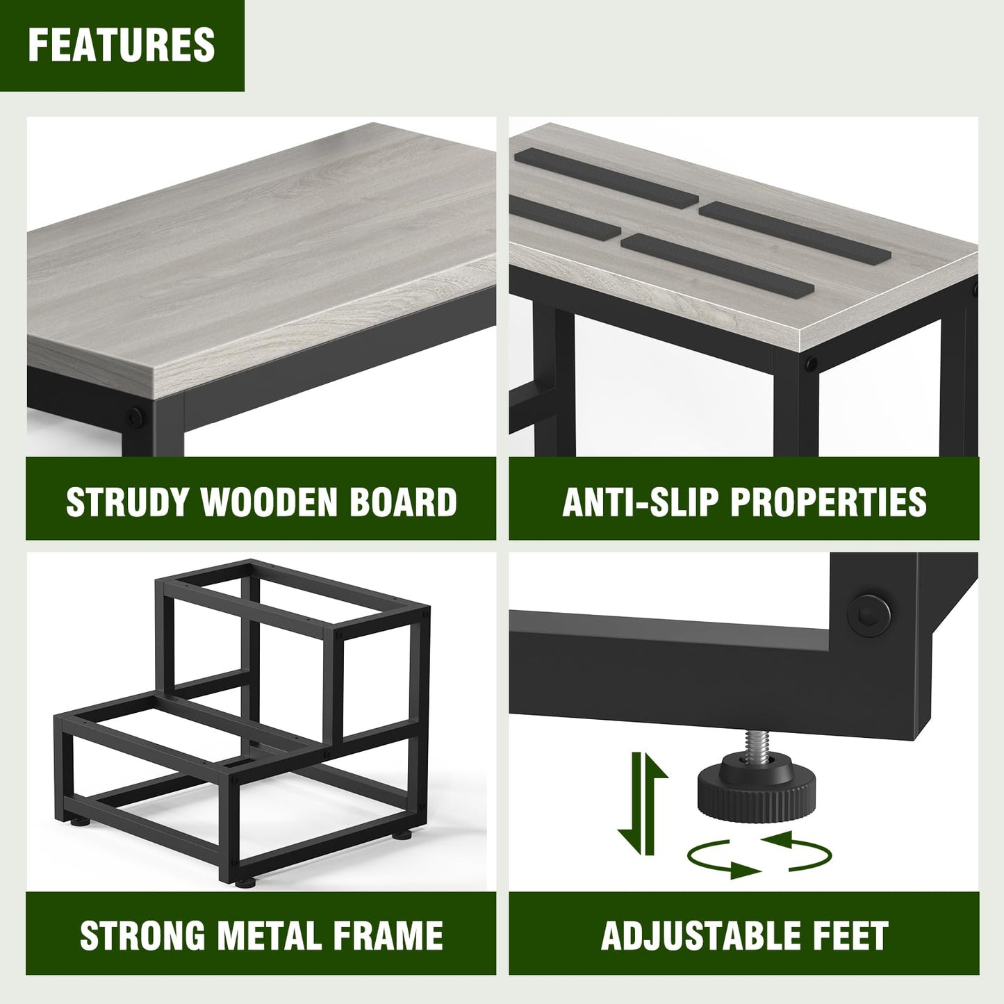 LIANTRAL Step Stool for Adults & Kids, Heavy Duty Wooden Stepping Stools, Bedside Foot Stool with 500lbs Load Capacity, Non-Slip 2 Step Stool for Bed, Kitchen, RV - Gray