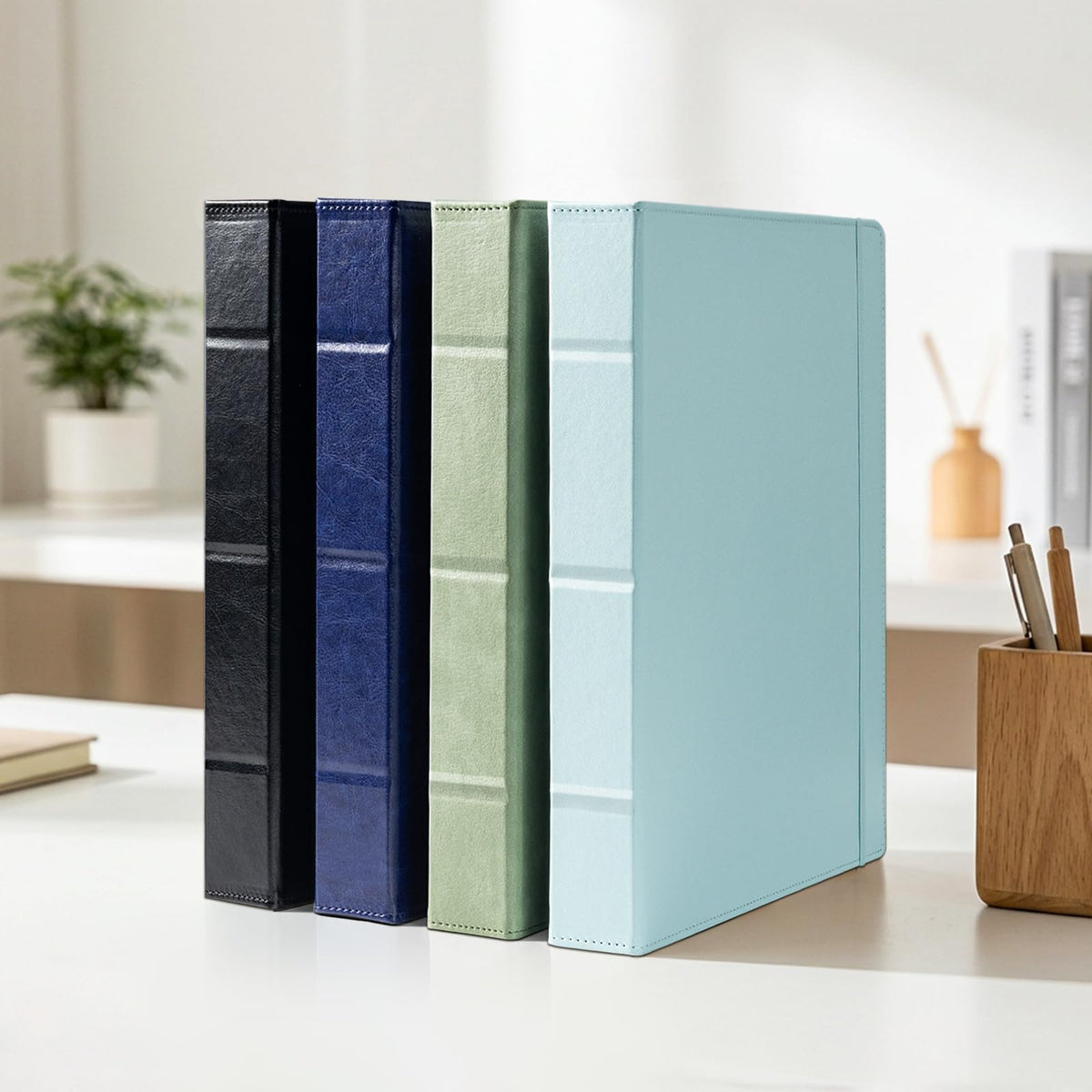 Ospelelf Leather 3 Ring Binder for Letter Size Documents with Pocketed Storage Dividers, Pencil Pouch & Notepad, 1 Inch Round Rings, Holds 175 Sheets, for Office School Home Organization, Light Blue