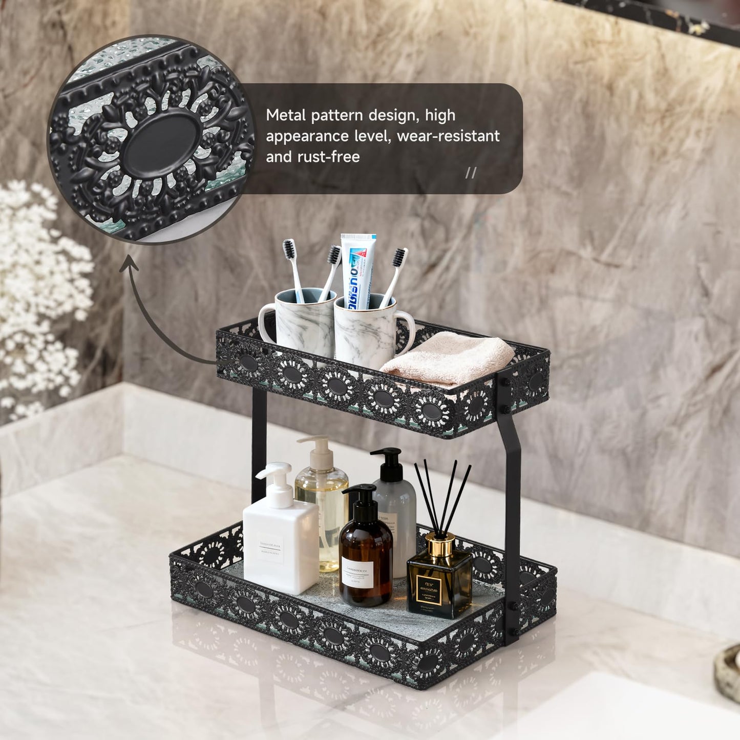 xiaojuande-Two Layer Glass Storage Tray with Portable Dressing Table Skin Care Product Organization Rack Corner Storage Rack for Bathroom Counter High-end Light - (Black)