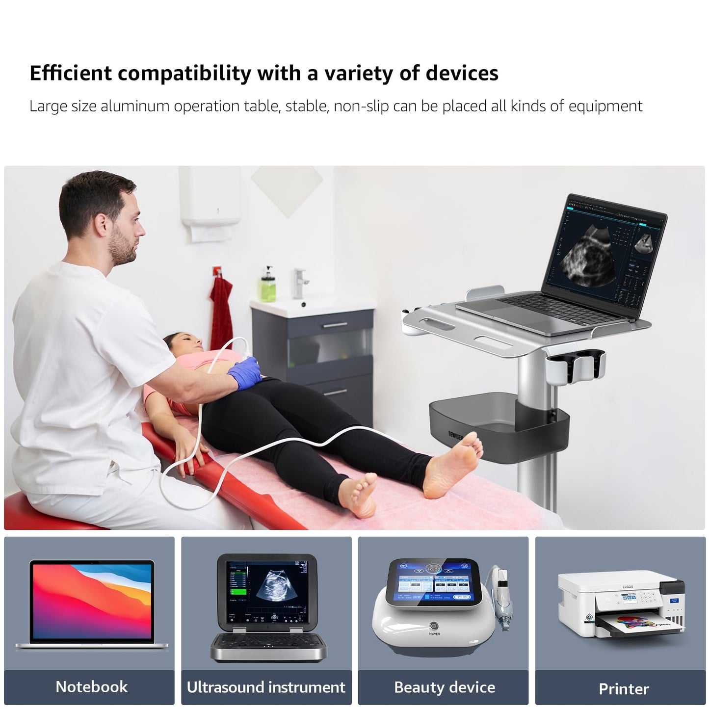 BEWISER Medical Trolley Laptop Cart with Oral Scanner Holder, Mobile Workstation on Lockable Wheels, Ultrasound Scanner Storage Cart for Hospital Dental Clinic, Salon and Labs