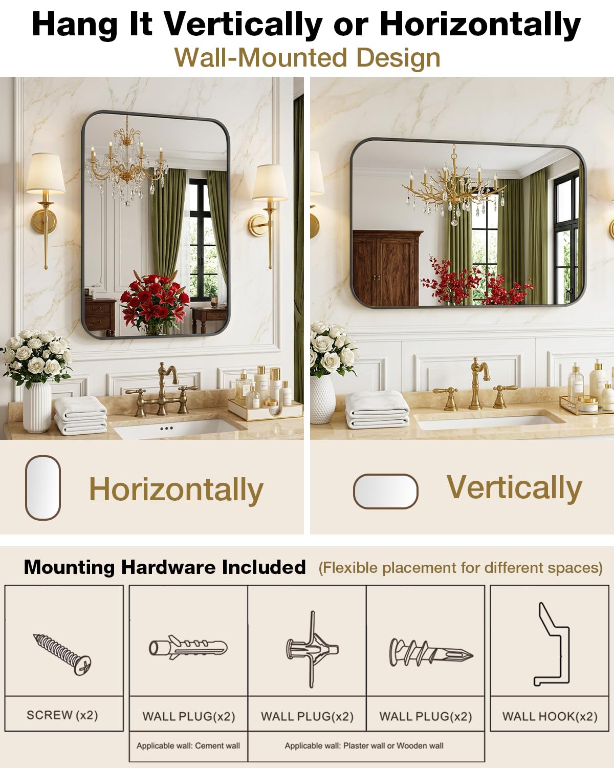 Umzodo 16x24 Inch Black Rounded Rectangle Vanity Mirror with HD Reflection, Shatter-Resistant Tempered Glass Bathroom Mirror for Over Sink, Aluminum Frame, Horizontal or Vertical