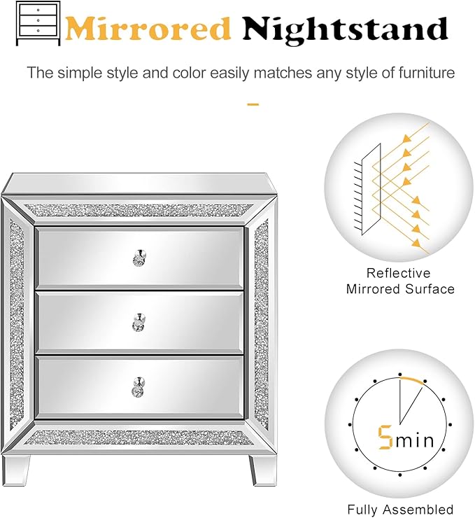 VINGLI Mirrored Nightstands Set of 2, Modern Bedside Table 3 Drawer Glass Side