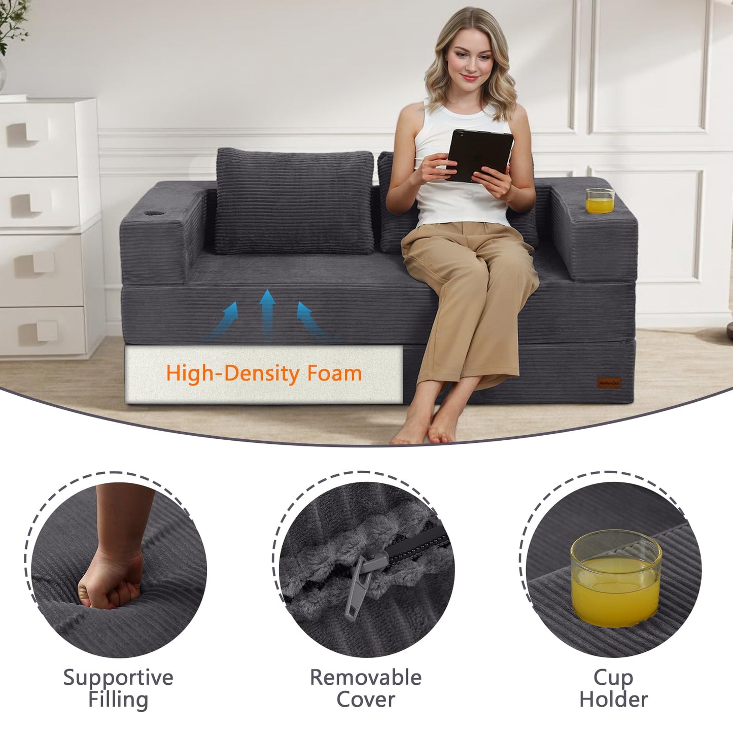 MeMoreCool Futon Couch Convertible Sofa Bed Queen, Folding Floor Couch Bed with Pillow, Corduroy Grey Foldable Sofa Sleeper, Fold Out Boneless Loveseat Lounge for Living Room Small Spaces