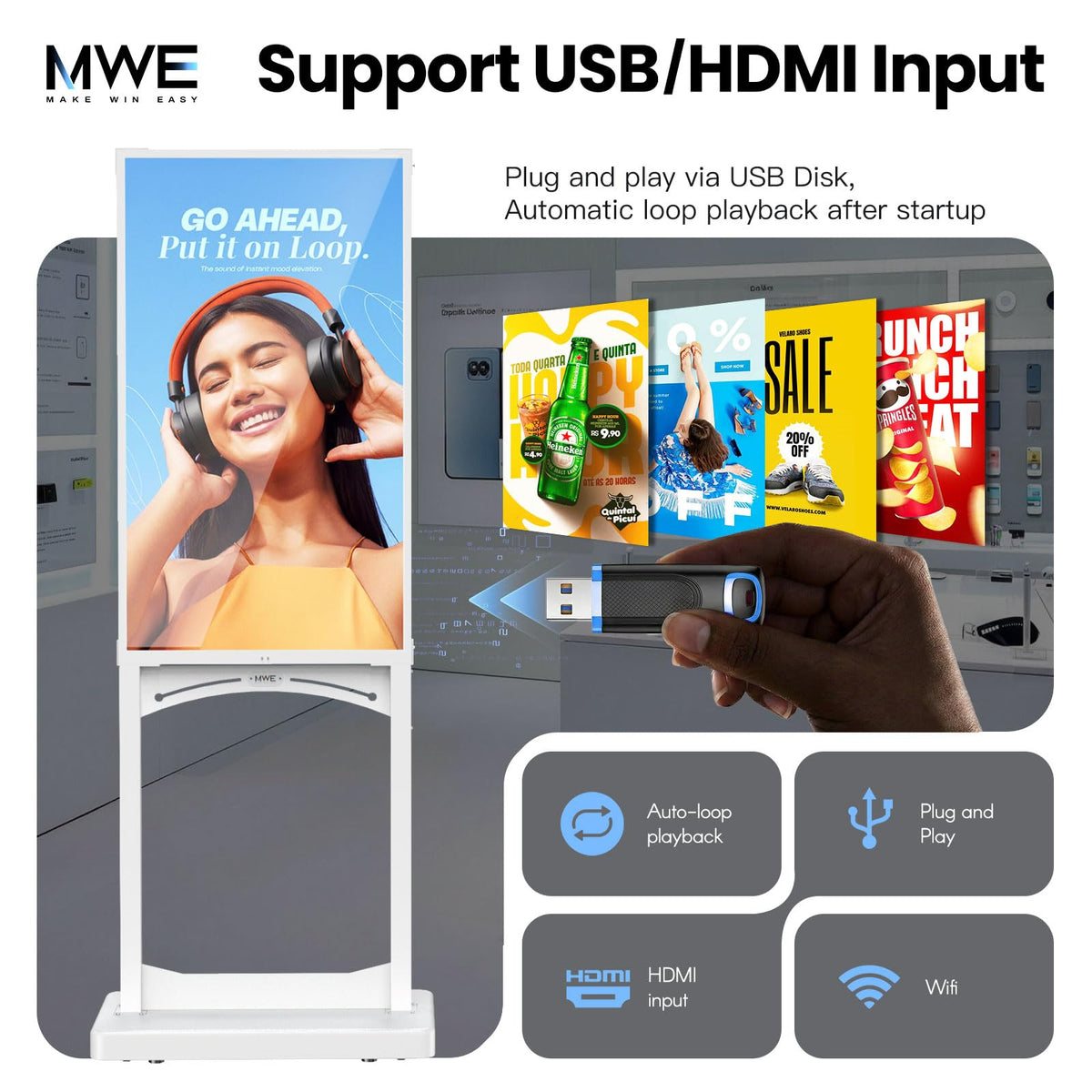 MWE 43 Inch Indoor Digital Signage Display, 1000 Nits Window Advertising Display Kiosk, Free Custom Logo Nameplate, Support Floor Standing or Ceiling Mounted, for Retail Store Window Promotion