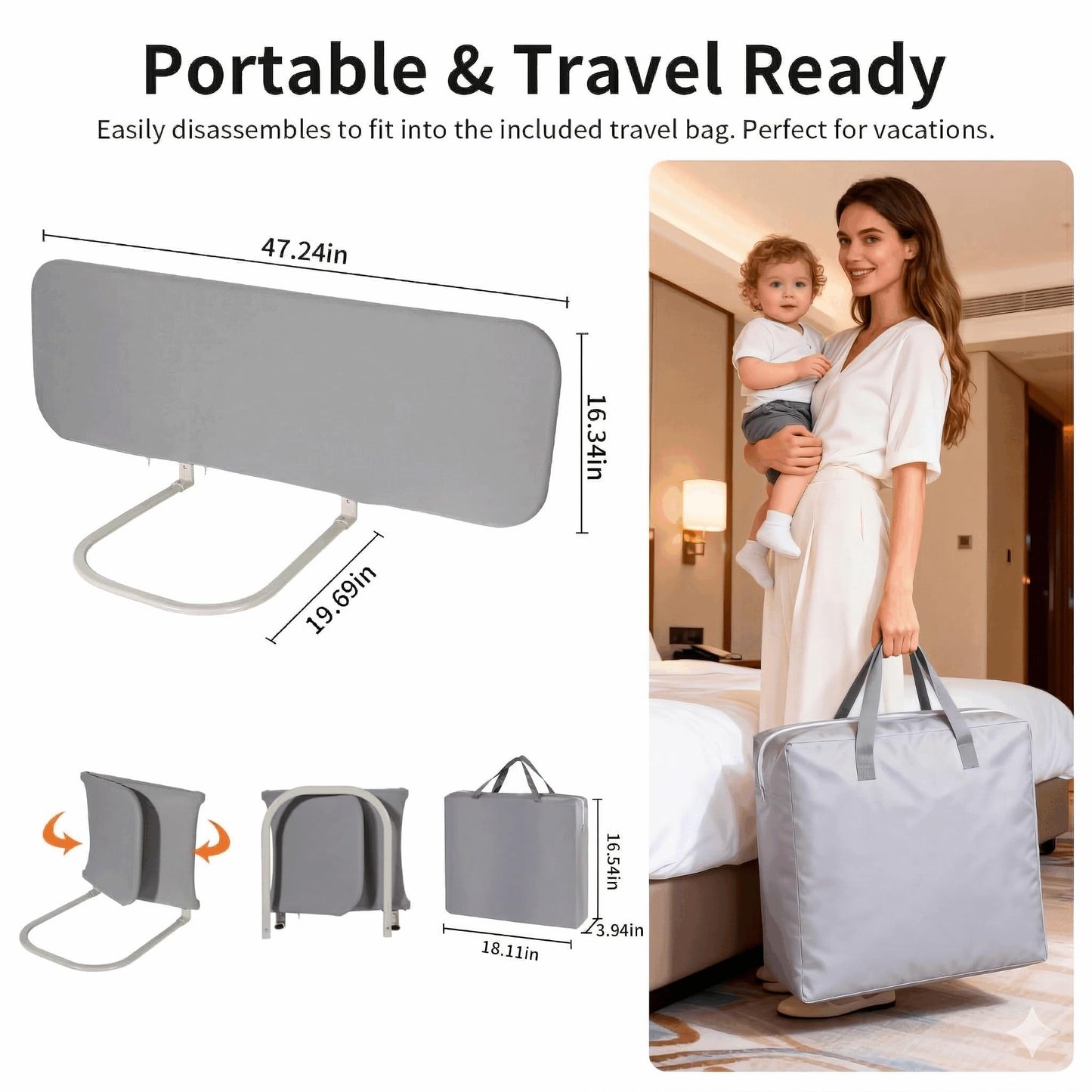 PlentiVive Travel Bed Rails for Toddlers with Motion Sensor Light, Foldable Toddler Bed Rail 48" Extra Long Safety Guard, Deep U-Shaped Base (No Straps Needed) for Twin, Full, Queen & King Mattresses