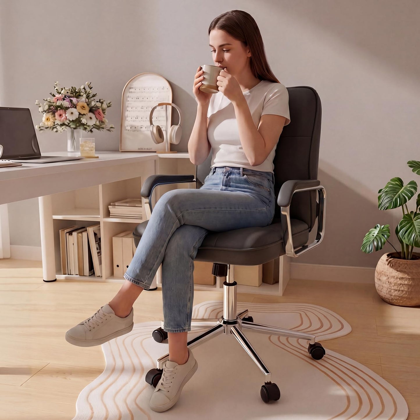 HomeZeer Black Office Chair, Mid Back Leather Desk Chair with Wheels and Padded Arms, Swivel Vanity Chair for Bedroom, Computer Chair for Study and Work