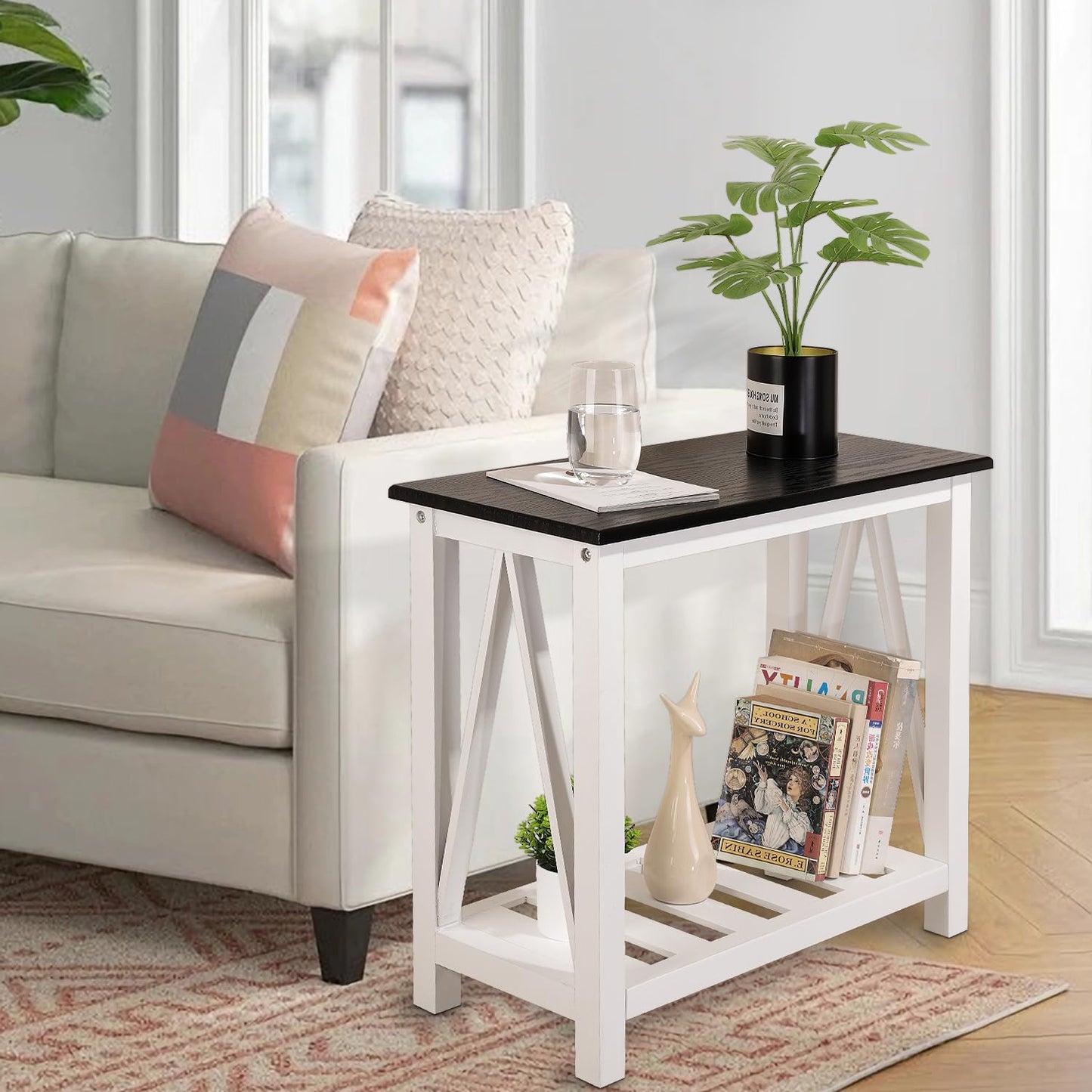 FEUFOAM Farmhouse End Side Table Wood Frame Narrow Side Table with Shelves Black White Rectangular Night Stand Sofa Table for Couch, Small Spaces, Living Room, Bedroom