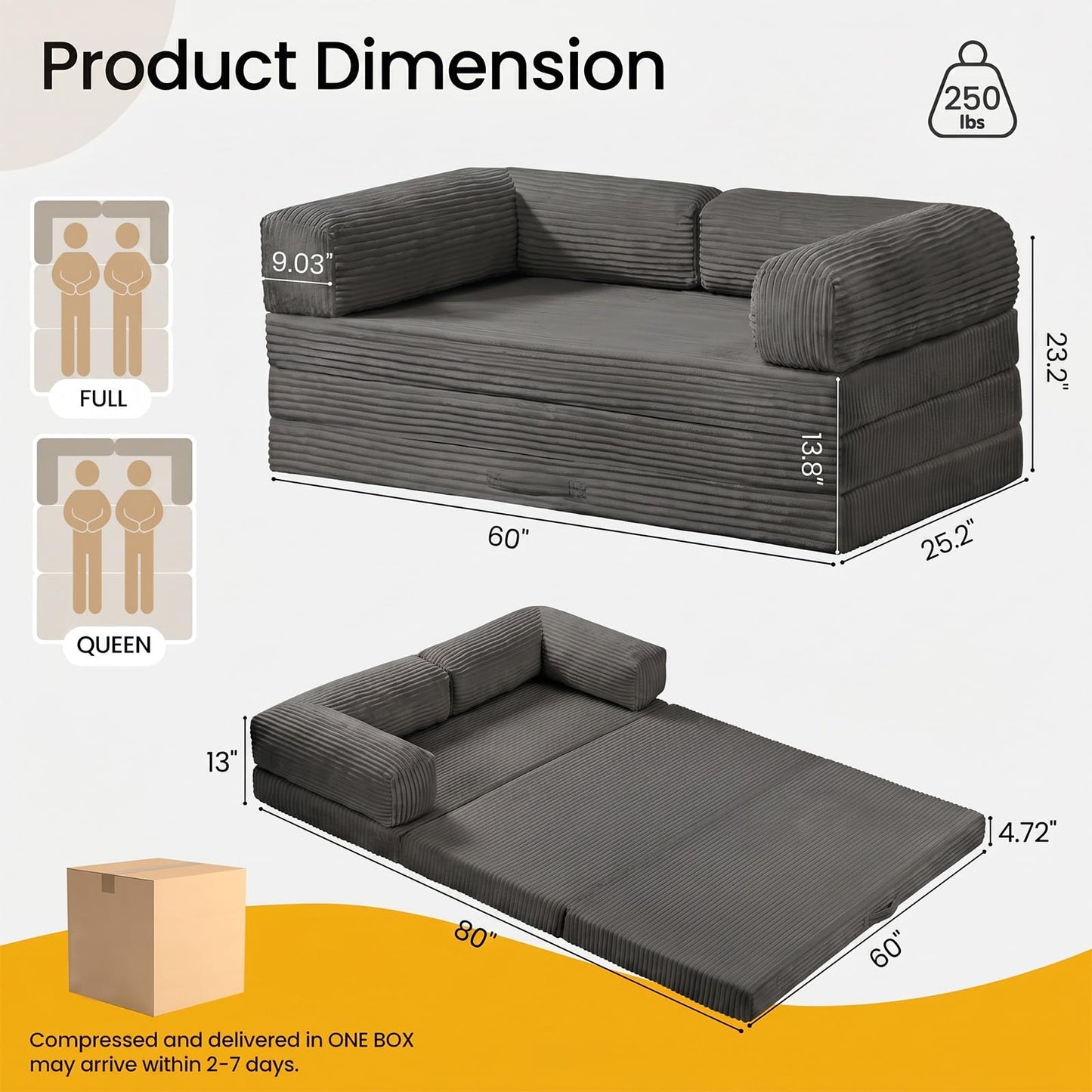 Erament Futon Sofa Bed Queen, Convertible Tri Folding Mattress Couch Bed Foldable with Removable Armrests & Washable Cover, Floor Mattress with High-Density Foam, Small Couch Bed, Queen, Grey