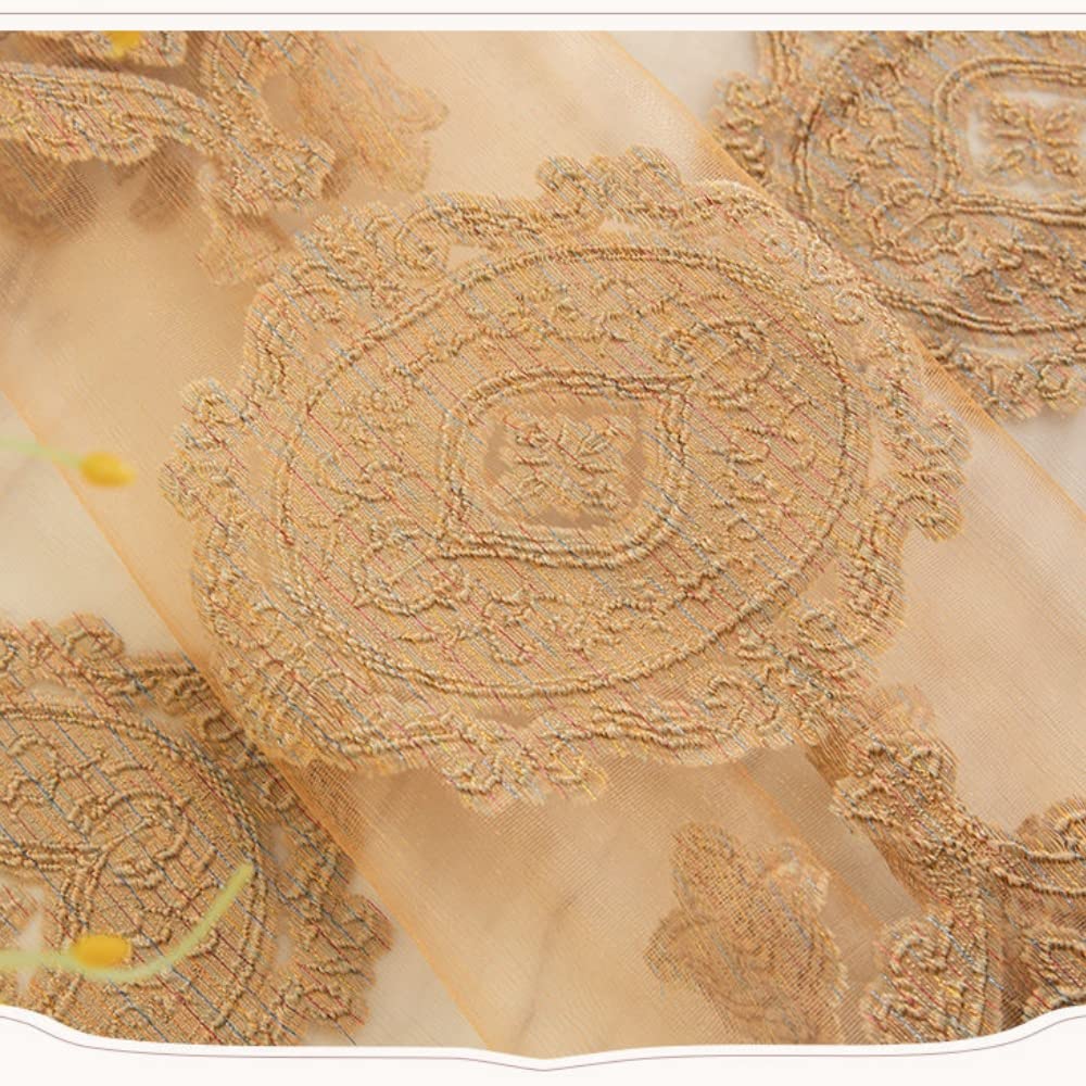 Amidoudou 1 Pair Luxury European Sheer Curtains Hollow Embroidered Tulle Curtains for Bedroom Living Room (Gold,54x96 Inch)
