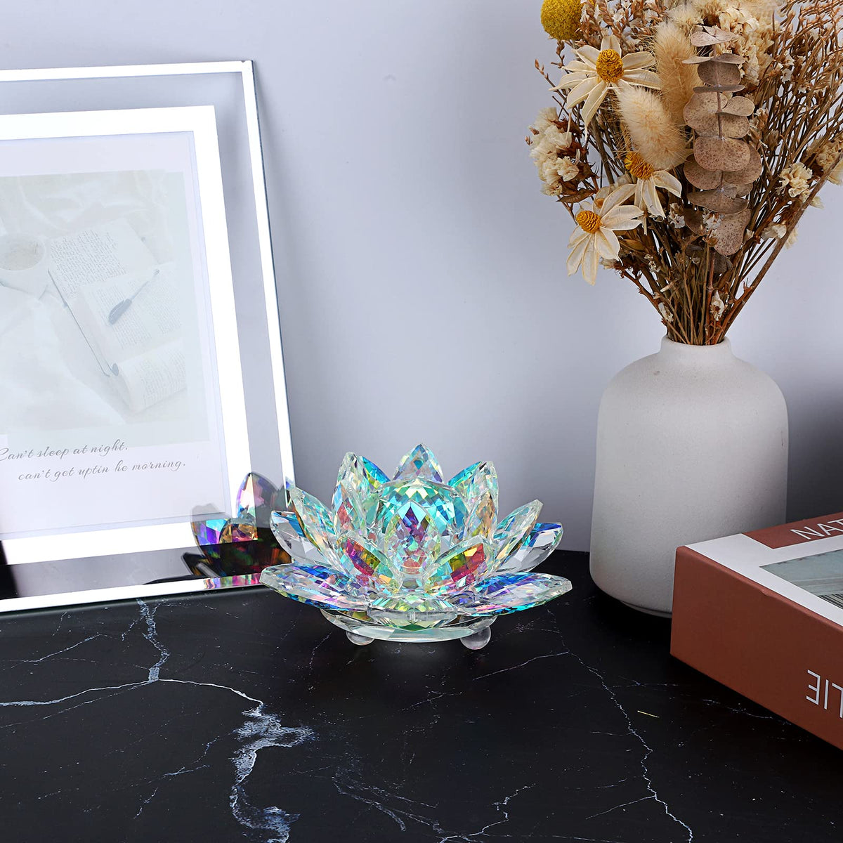 OwnMy Sparkle Crystal Lotus Flower Figurines Decorative Lotus Flower Ornament, 5 Inch Glass Lotus Feng Shui Decor Crystal Flower Paperweight for Home Office Tabletop Centerpieces