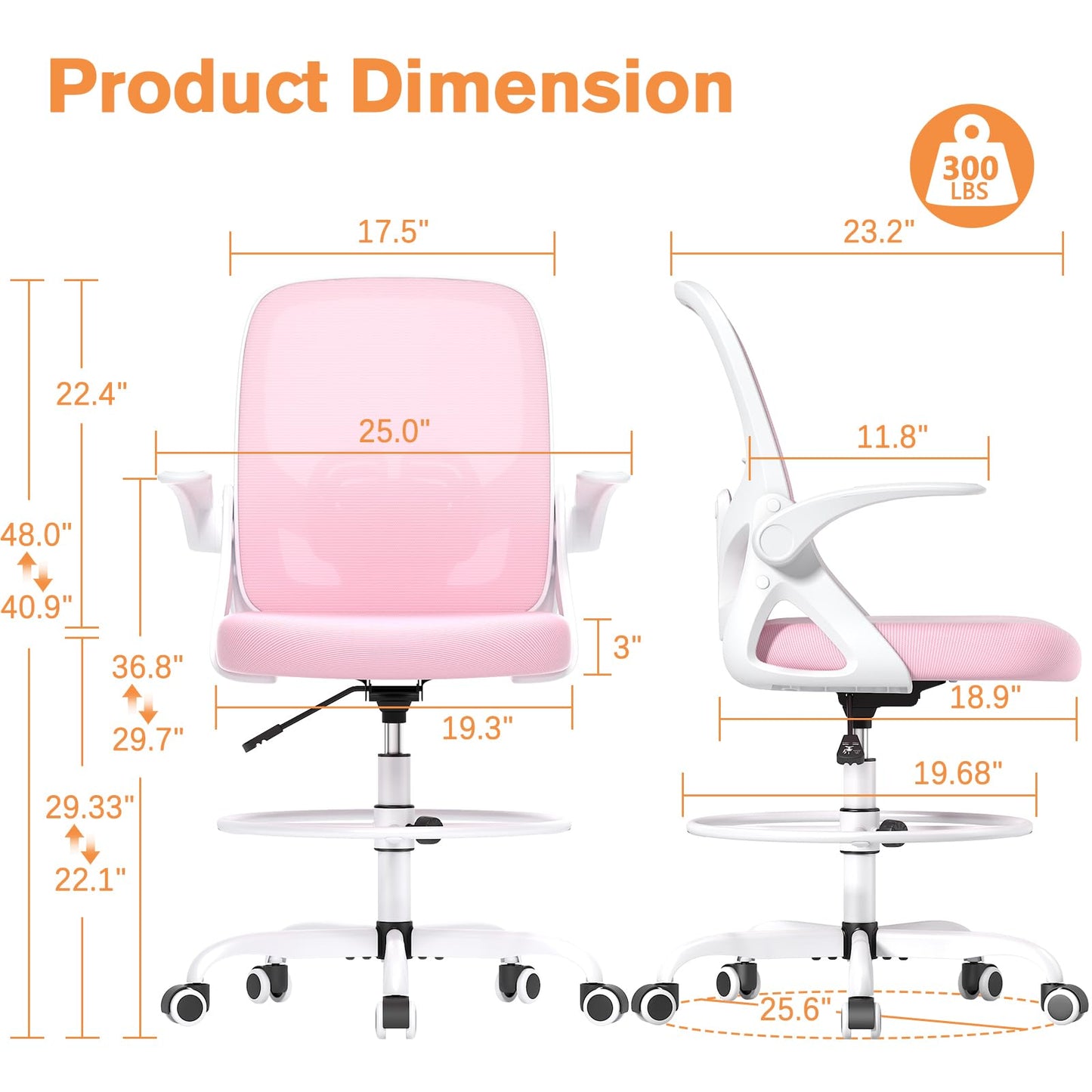 ORRSAKER Drafting Chair, Tall Office Chair with Flip-up Arms, Mesh Ergonomic Computer Standing Desk Chair with Adjustable Height Foot Ring and Lumbar Support, 300 LBS Capacity, Pink