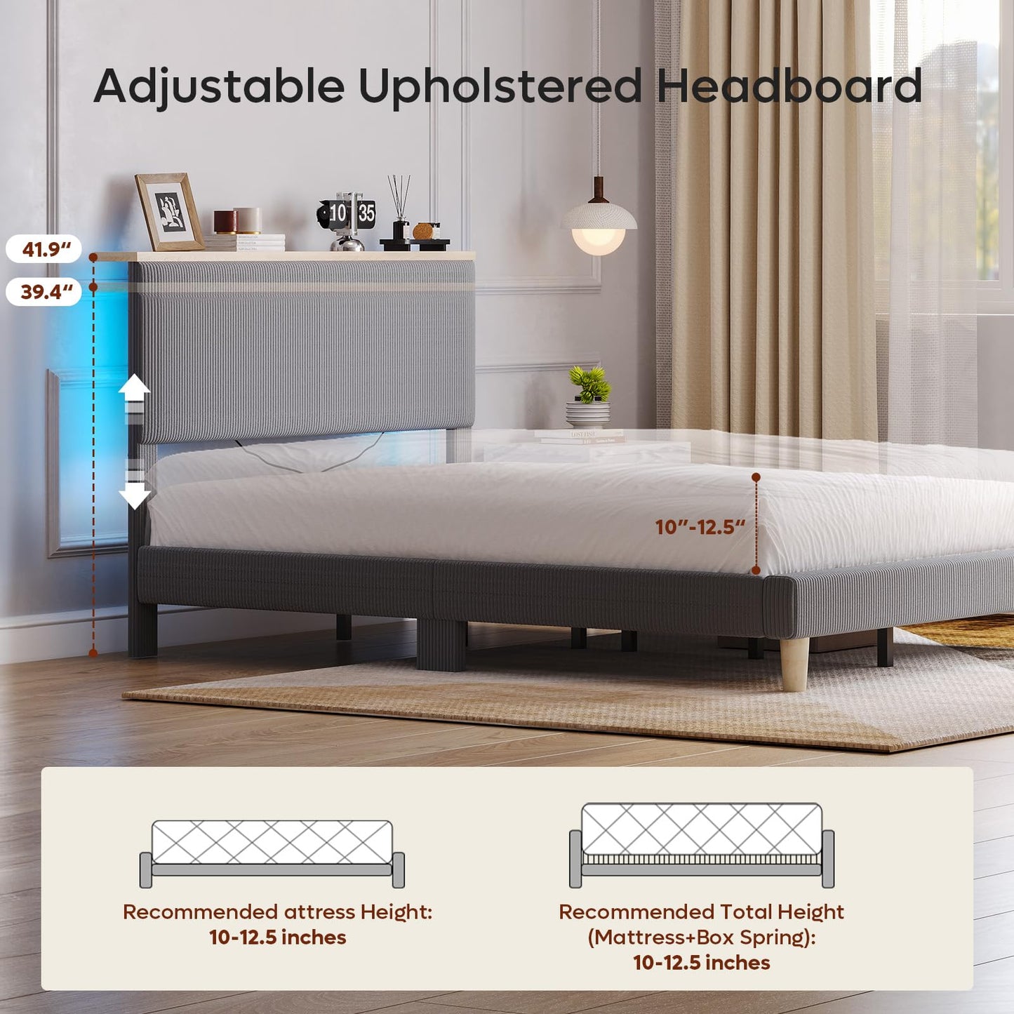 Bestier Queen Bed Frame with Adjustable Headboard & LEDLighting, Corduroy Upholstered Platform Bed Frame withStorage Shelf, Solid Wood Slats, No Box Spring Needed,Never Squeak, Easy Assembly, Grey