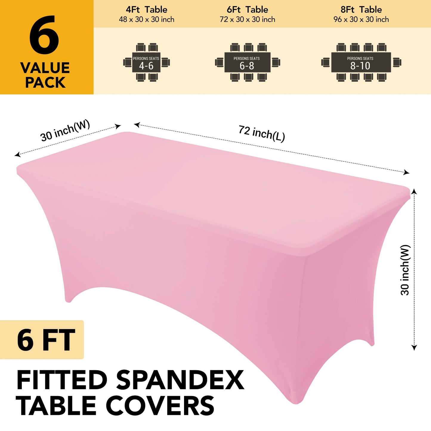 Dailyset 6-Pack Premium Pink Spandex Tablecloths for 6ft Rectangle Tables, Stain & Wrinkle-Resistant, Washable Stretch Polyester Fitted Table Cover for Weddings, Banquets, Trade Shows Events