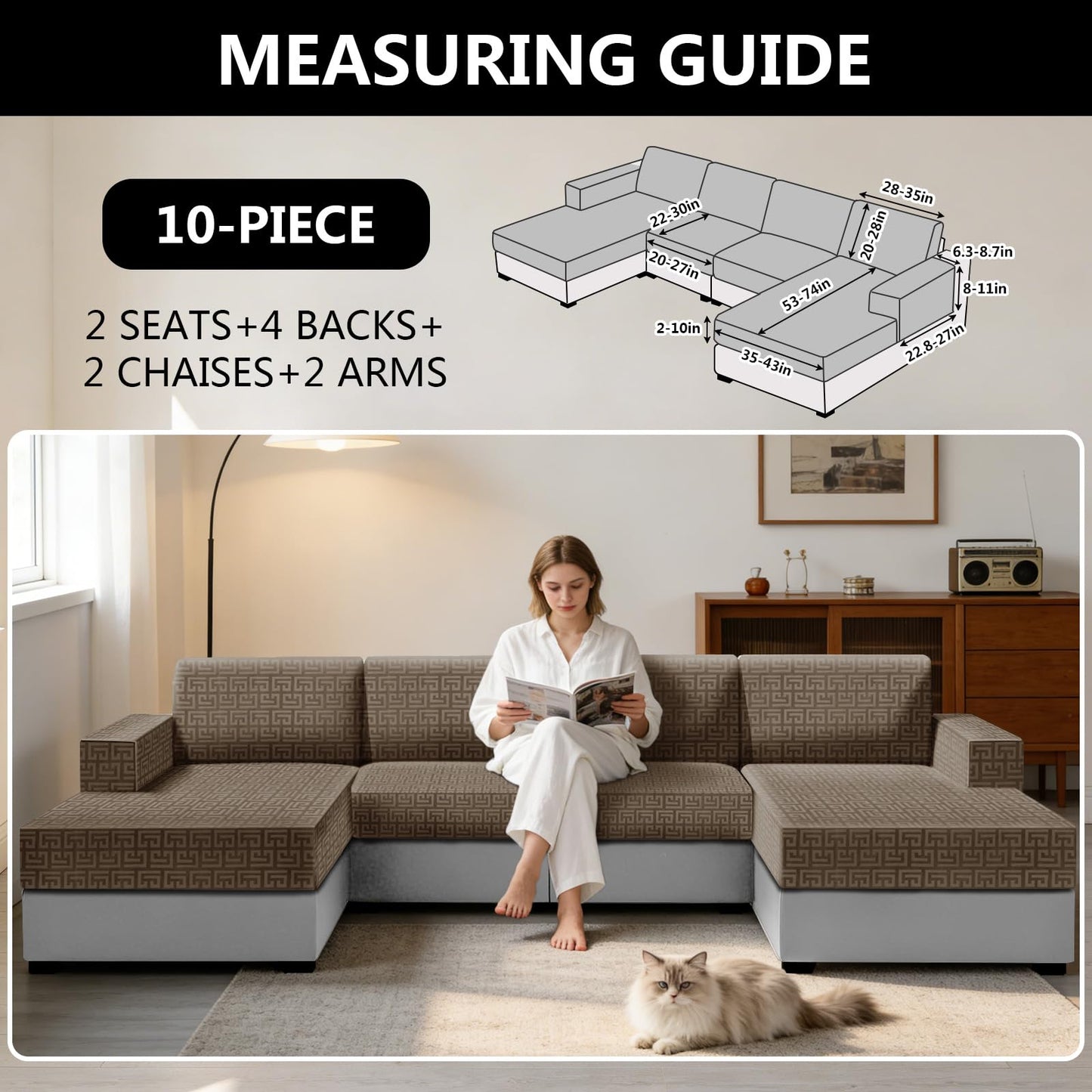 UNBBRRL 10 Pieces Stretch Sofa Cushion Covers for U-Shaped Modular Sectional Couch with 4 Seats+4 Backs+2 Arms, Upholstered Covers for Sofa Bed with Deep Double Chaise (Camel,10 Pieces Set)