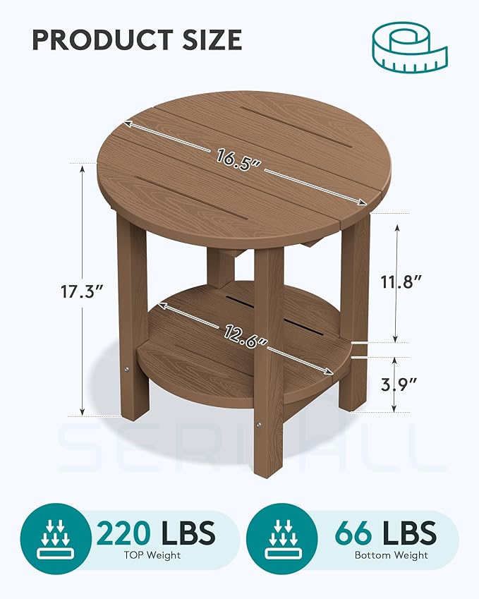 SERWALL Round Adirondack Side Table, 16.5" Double Outdoor Side Table, HDPE