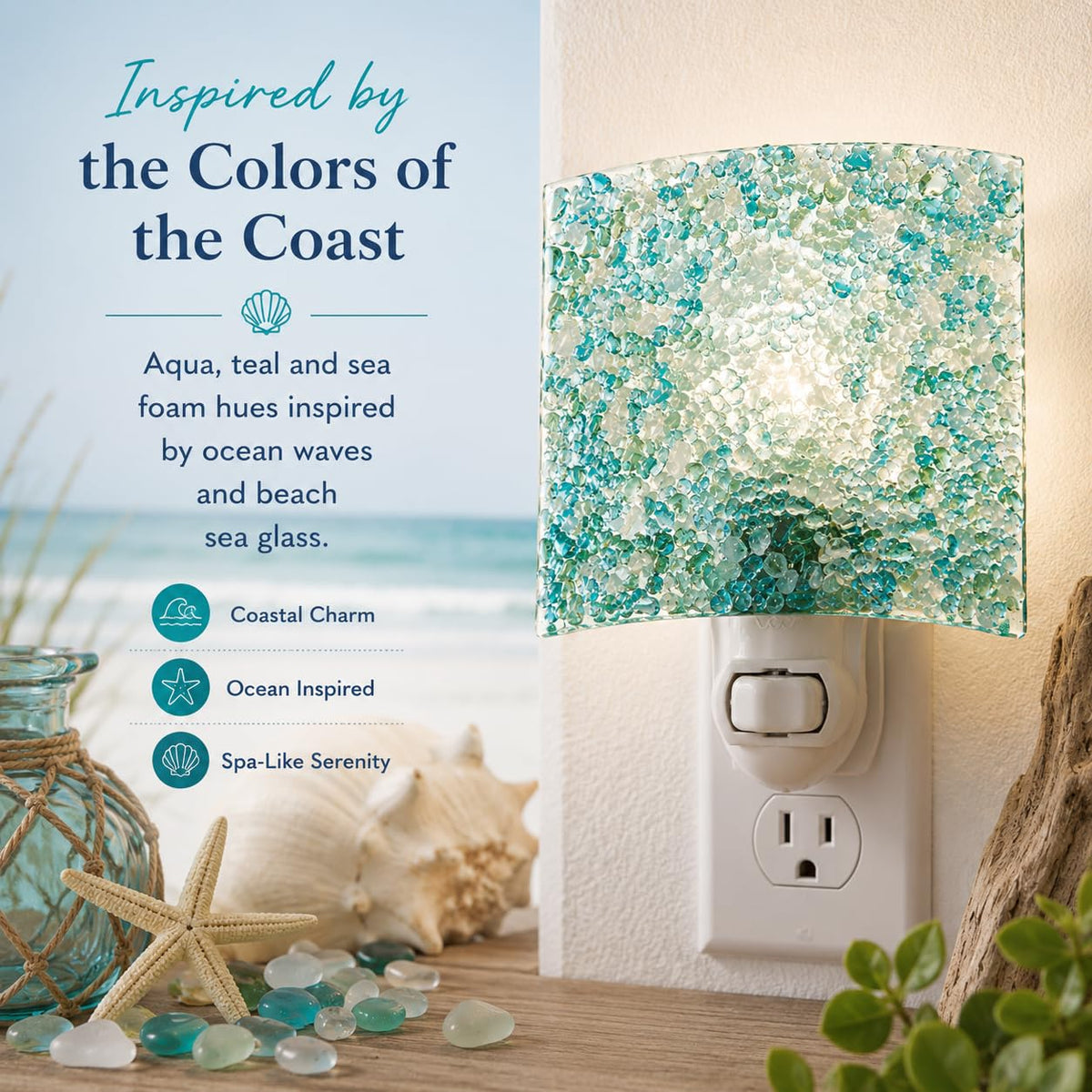 J Devlin Aqua Crushed Glass Night Light, Coastal Decor