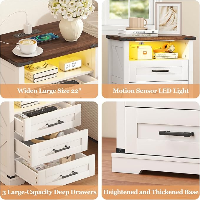 Turosur Night Stand with Charging Station 22" Large Farmhouse Nightstands with