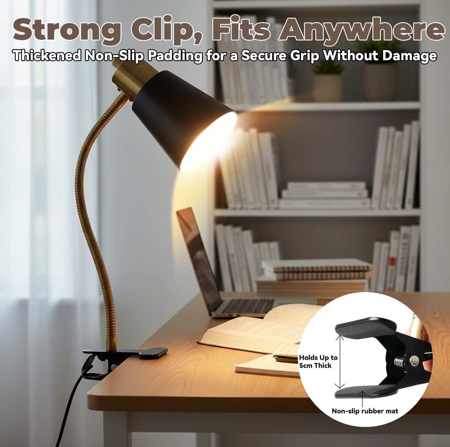Desk lamp Eye-Caring Table Lamps, 360°Rotation Gooseneck Clip on Lamp Reading Light, Portable Reading Book Light, Clamp Light, Study Desk Lamps for Bedroom and Office Home Lighting (Black and Gold)