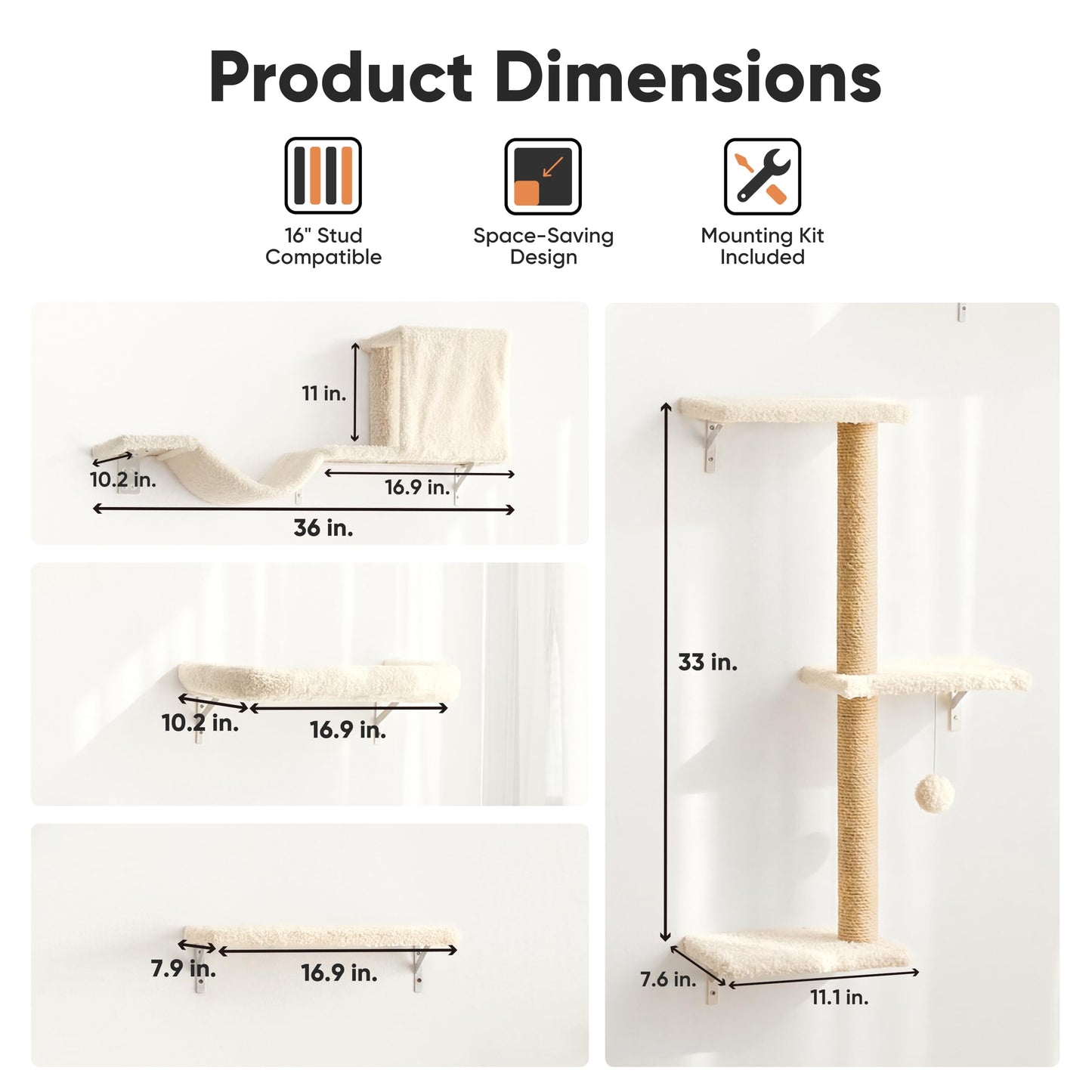 FUKUMARU Cat Wall Shelves, Stable & Safe 4 in 1 Cat Walls Furniture Set, Wooden Kitten Climbing Wall with Scratching Post for 16 Inch Drywall - Beige