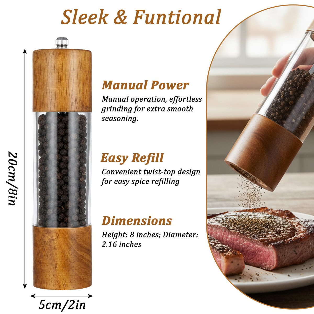 KongTiva 2 Pack 8 Inch Premium Acrylic Salt and Pepper Grinder Set, Manual Salt and Pepper Mills Wooden Shakers with Adjustable Coarseness Ceramic Core