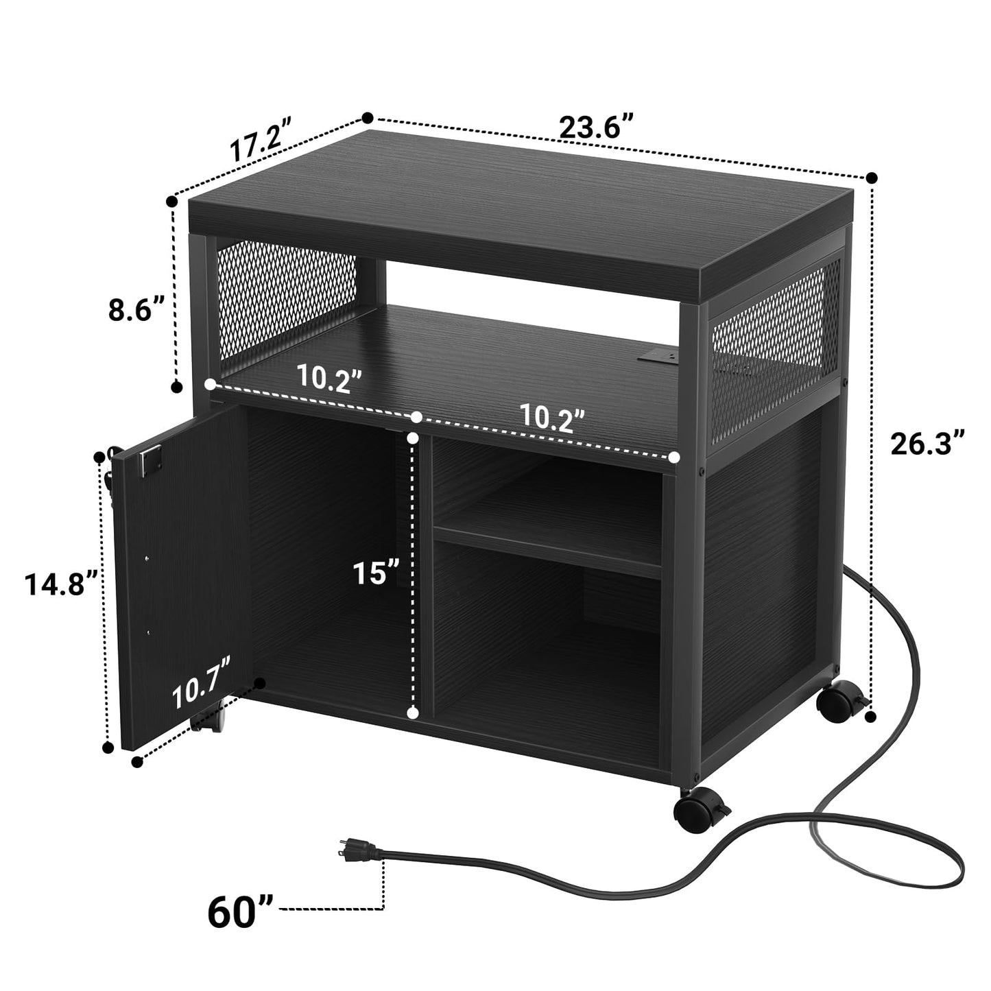 Unikito Lateral File Cabinet, Locking Office Printer Stand with Sockets and USB Charging Ports, Modern Rolling Printer Desk with Storage for A4, Letter Size and File Folders, Black