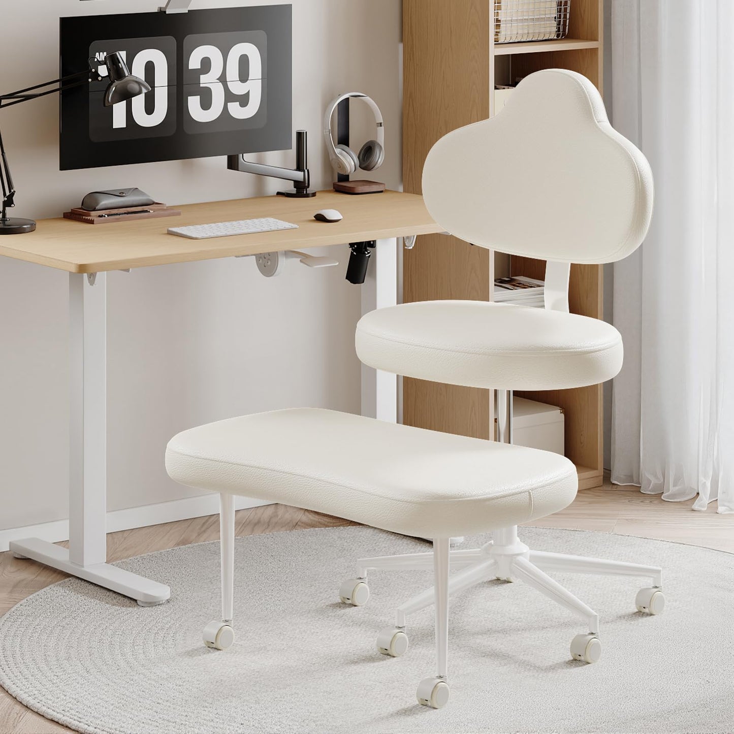 Cross Legged Office Chair with Wheels for ADHD, Ergonomic 360° Swivel Height-Adjustable Meditation Chair for Yoga, Kneeling Chair with 4 inch seat Cushion and Lumbar Support, PU Leather, Off White
