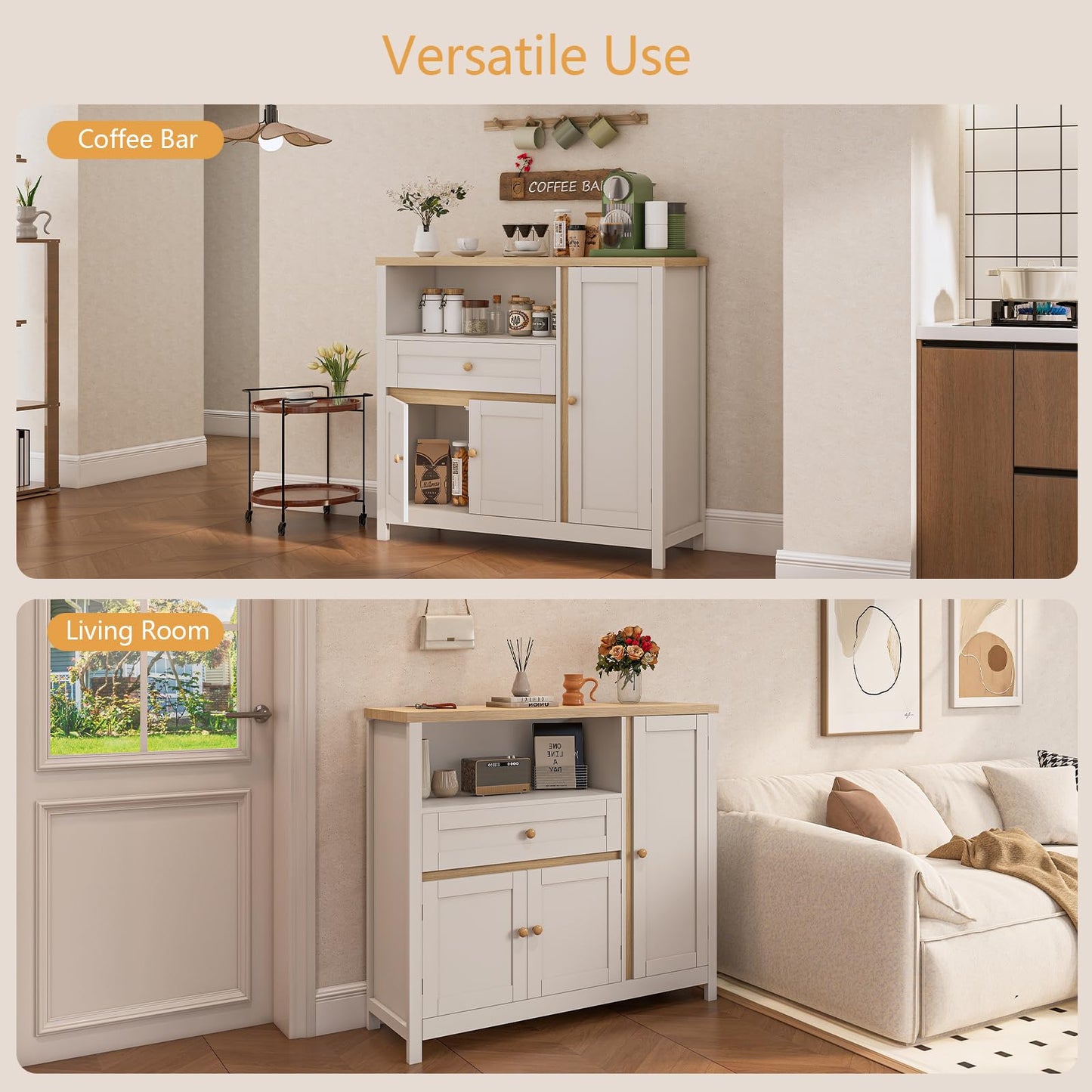 Viaozutis Coffee Bar Cabinet with Doors and Drawer, 35.4" Kitchen Storage Cabinet with Adjustable Shelf, Freestanding Buffet Sideboard for Dining Room, Bathroom, Entryway, White