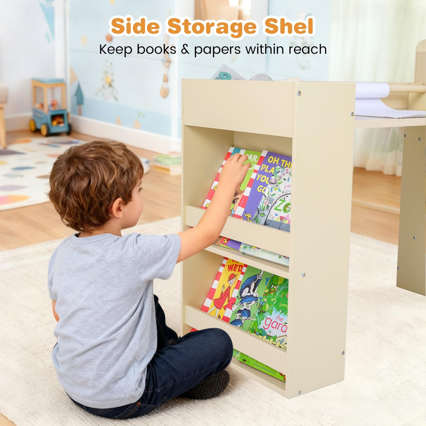 INFANS Kids Study Desk and Chair Set, Wooden Learning Table with Storage Hutch, Drawer, Paper Roll, Round MDF Student Furniture for Writing, Drawing, Ages 3+